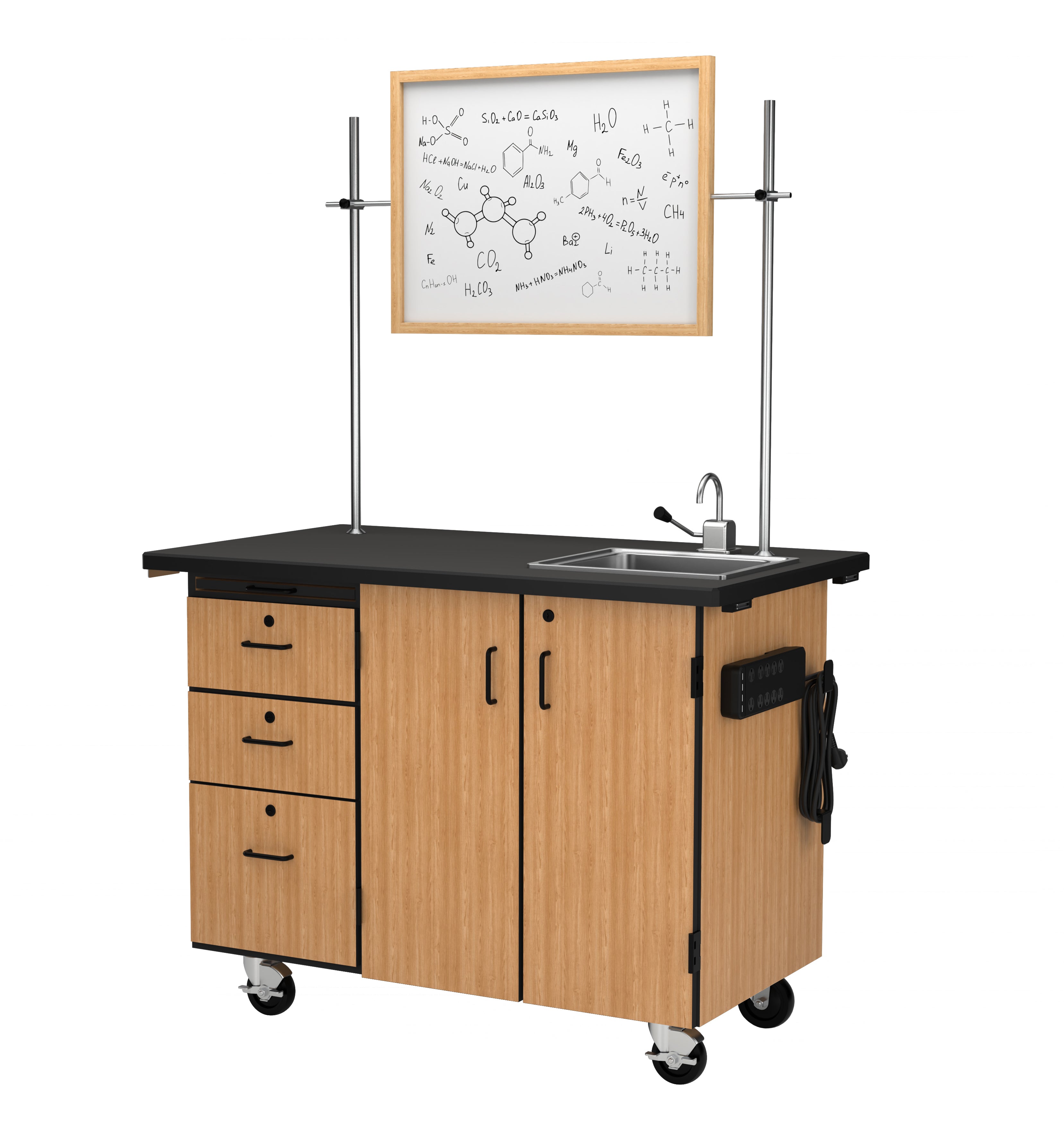 NPS® Mobile Science Cabinet with External Drawers & Pegboard, Phenolic Top, Sink and Whiteboard/Mirror, Surface Color: Black, Cabinet Color: Oak