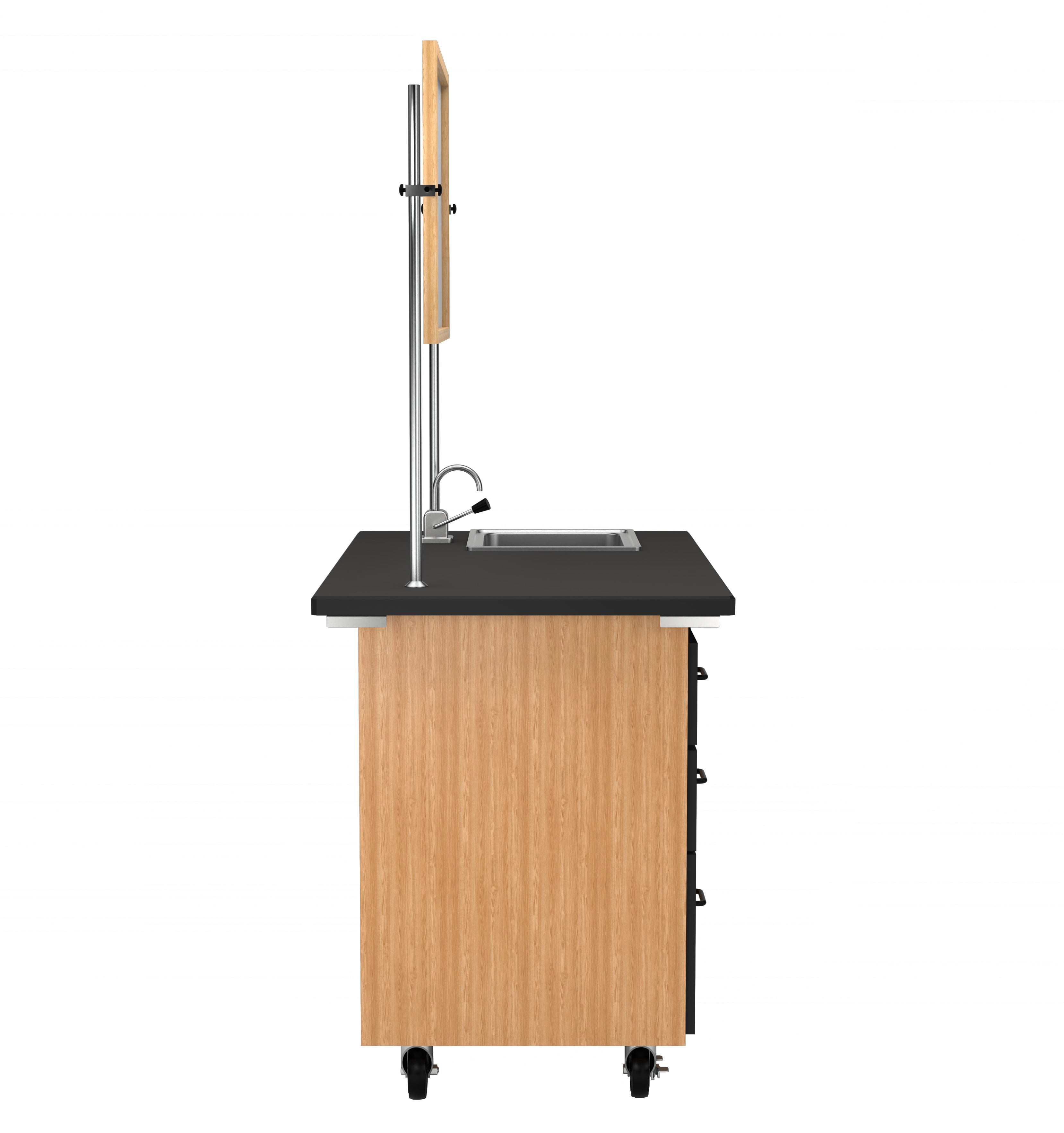 NPS® Mobile Science Cabinet with External Drawers & Pegboard, Phenolic Top, Sink and Whiteboard/Mirror, Surface Color: Black, Cabinet Color: Oak