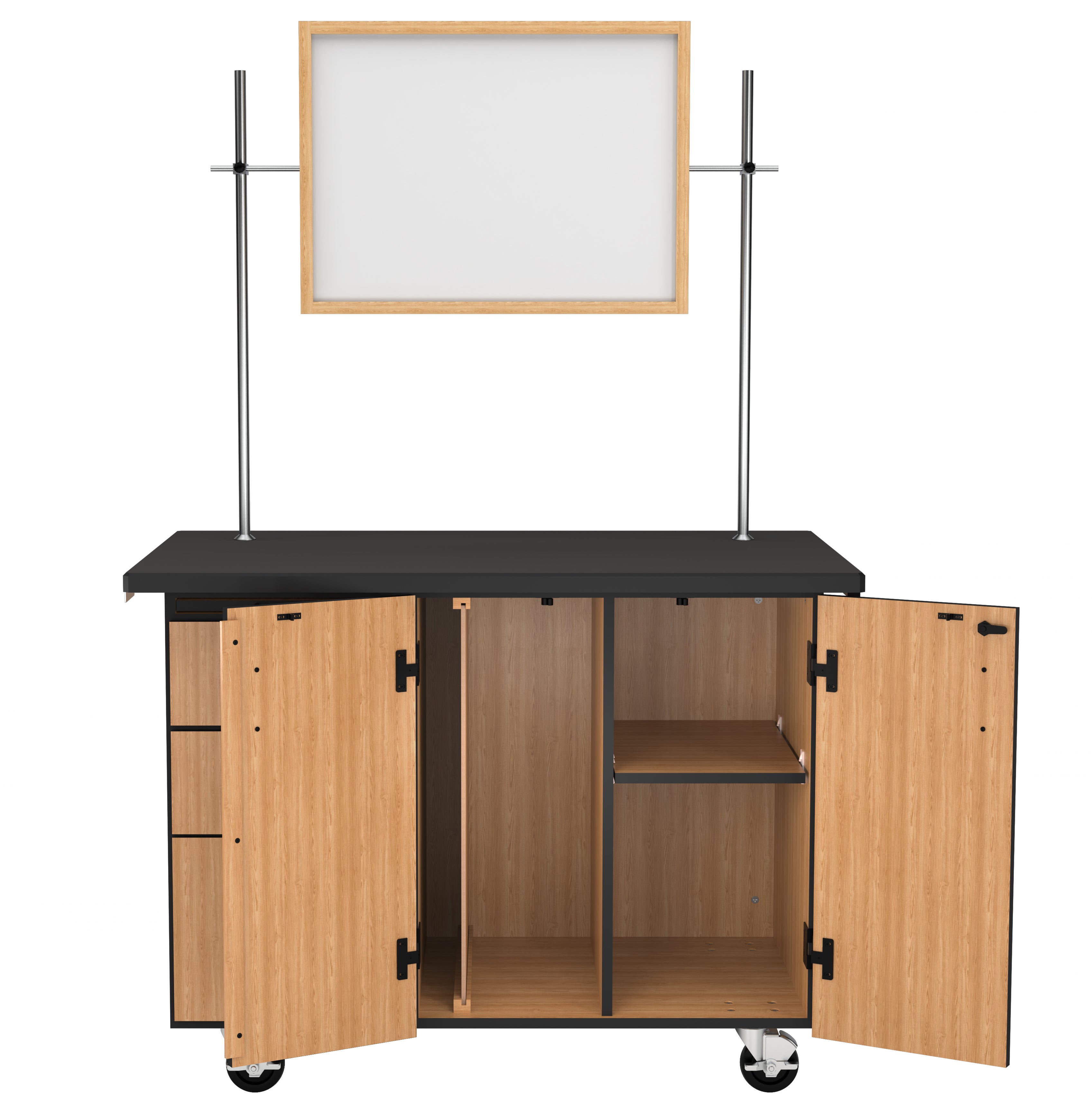 NPS® Mobile Science Cabinet with External Drawers & Pegboard, Chem-Res Top and Whiteboard/Mirror, Surface Color: Black, Cabinet Color: Oak
