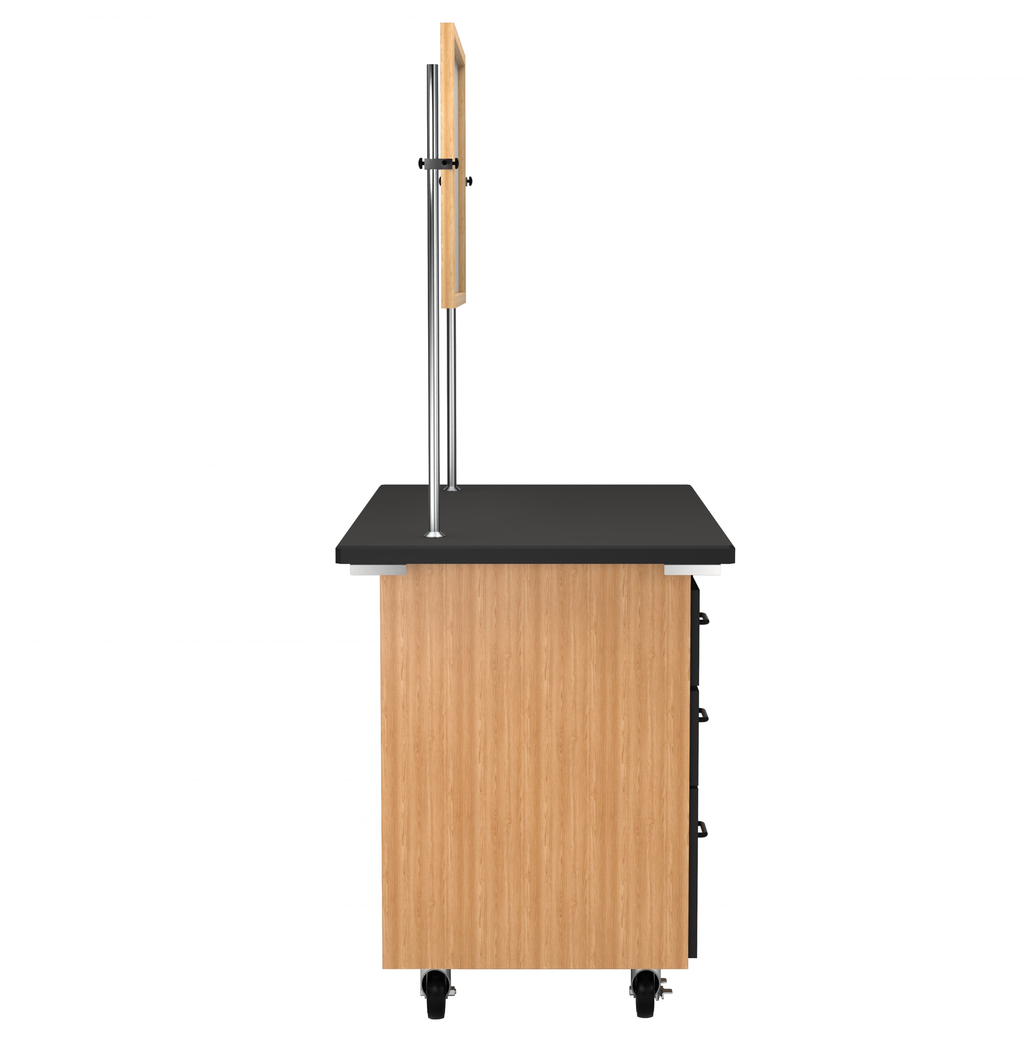 NPS® Mobile Science Cabinet with External Drawers & Pegboard, Phenolic Top and Whiteboard/Mirror, Surface Color: Black, Cabinet Color: Oak