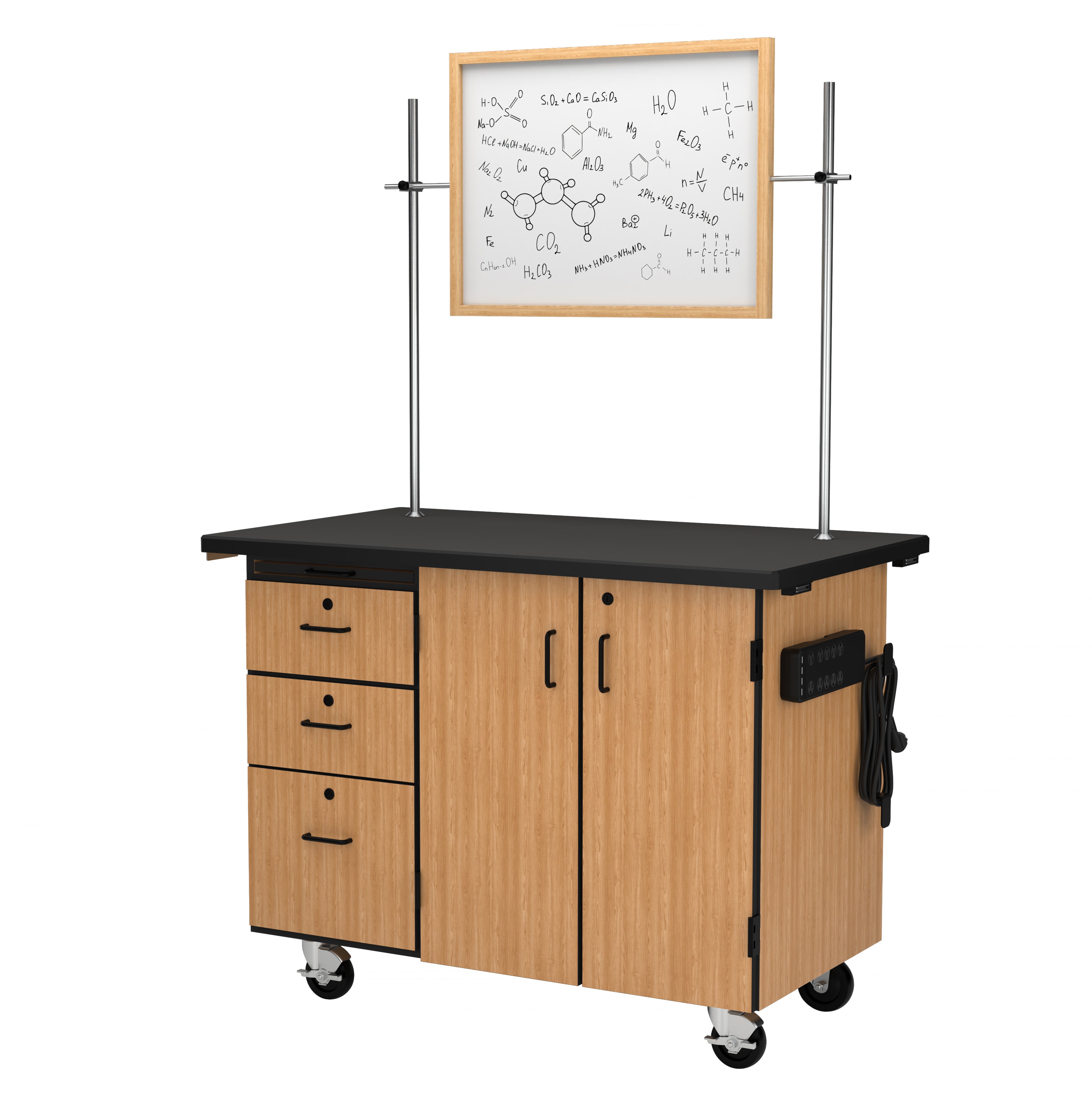 NPS® Mobile Science Cabinet with External Drawers & Pegboard, Phenolic Top and Whiteboard/Mirror, Surface Color: Black, Cabinet Color: Oak
