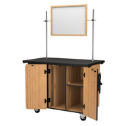 NPS® Mobile Science Cabinet with External Drawers & Pegboard, Chem-Res Top and Whiteboard/Mirror, Surface Color: Black, Cabinet Color: Oak