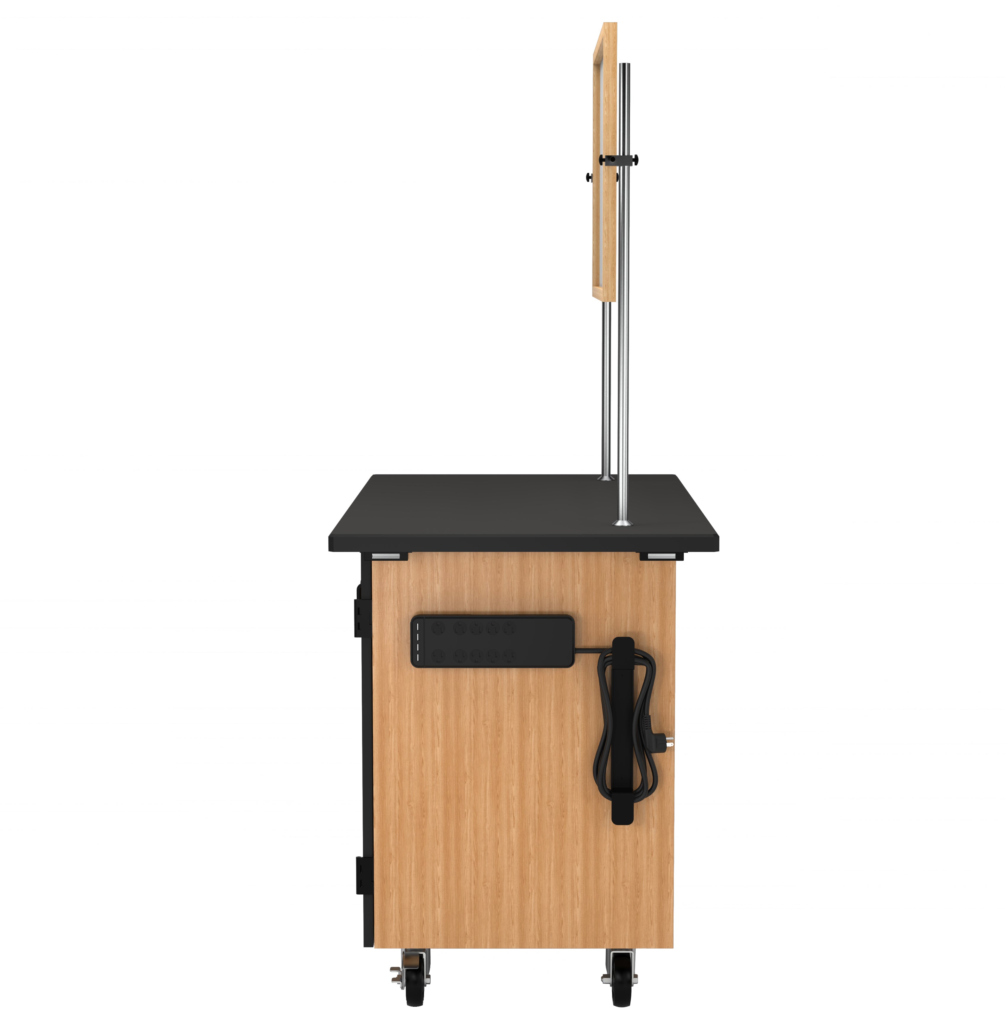 NPS® Mobile Science Cabinet with External Drawers & Pegboard, Chem-Res Top and Whiteboard/Mirror, Surface Color: Black, Cabinet Color: Oak