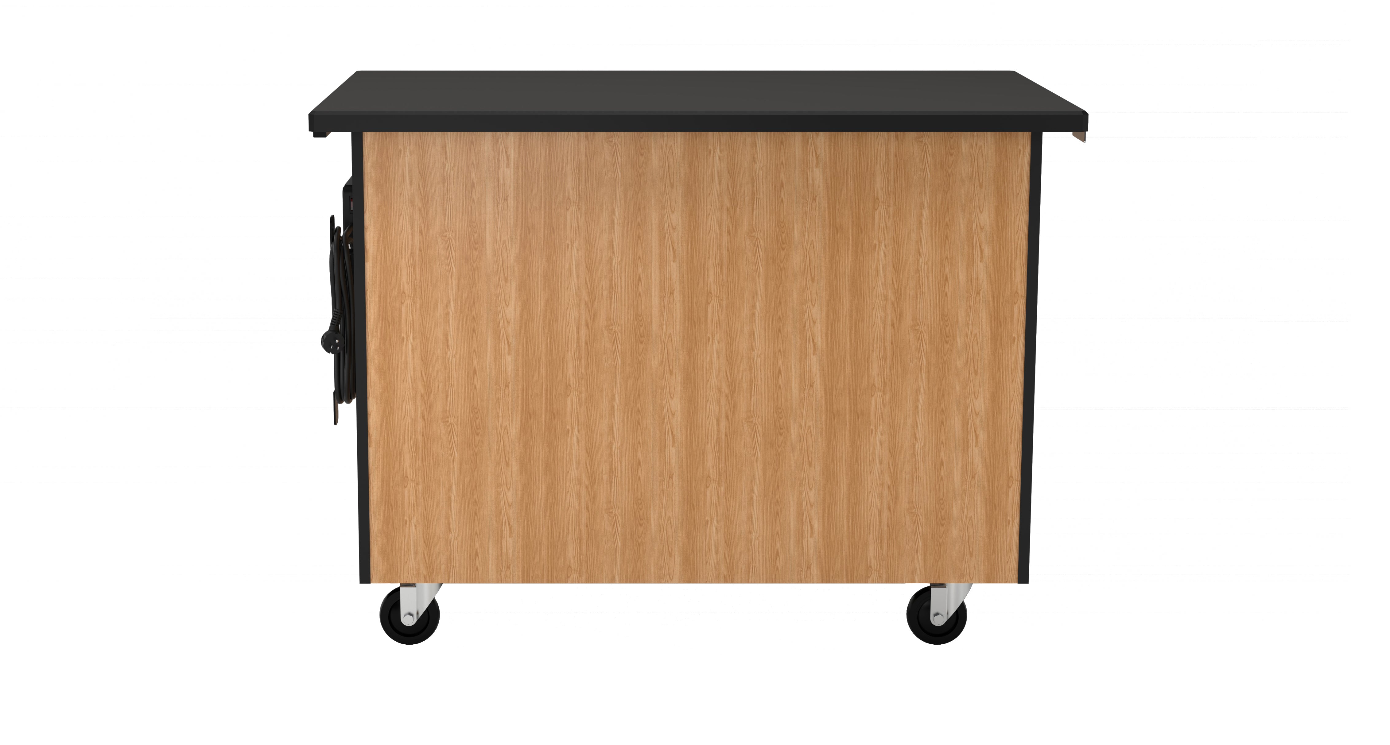 NPS® Mobile Science Cabinet with External Drawers & Pegboard, Phenolic Top, Surface Color: Black, Cabinet Color: Oak
