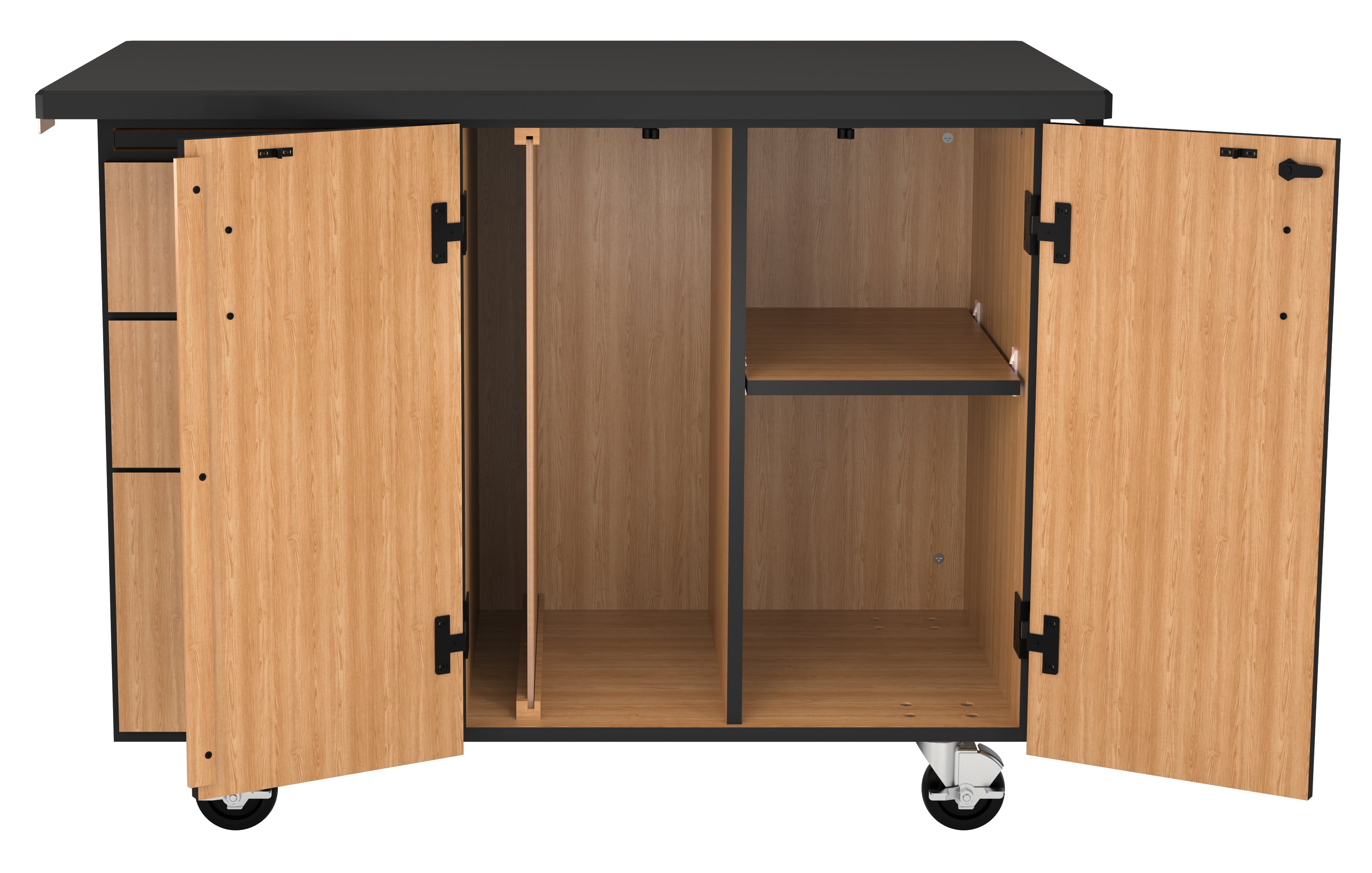 NPS® Mobile Science Cabinet with External Drawers & Pegboard, Phenolic Top, Surface Color: Black, Cabinet Color: Oak
