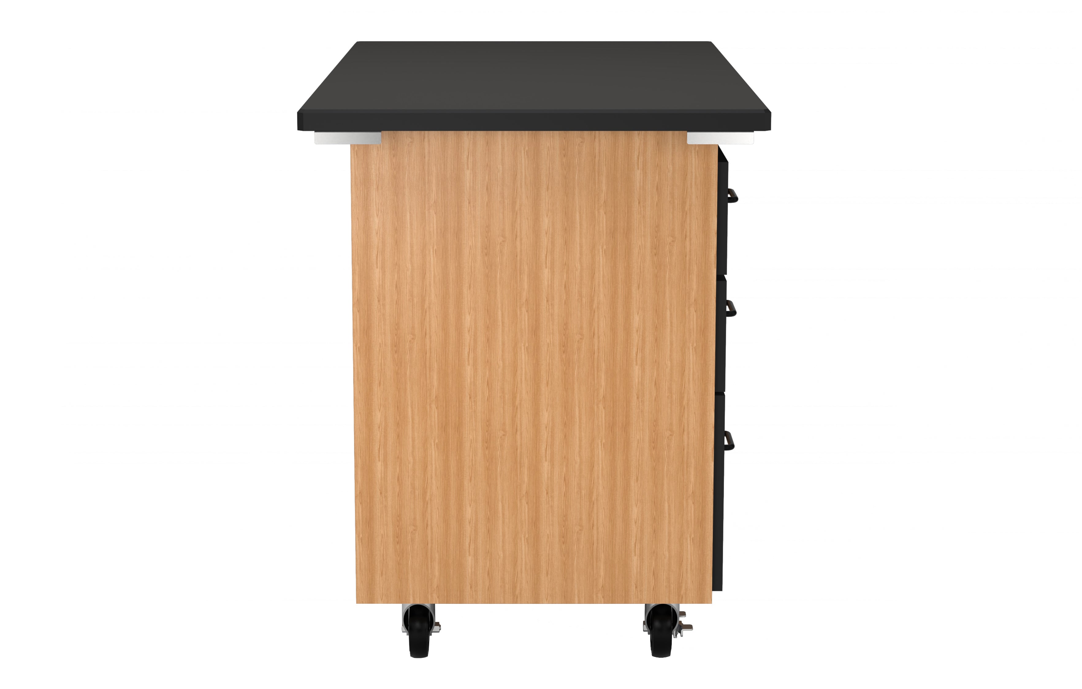 NPS® Mobile Science Cabinet with External Drawers & Pegboard, Phenolic Top, Surface Color: Black, Cabinet Color: Oak