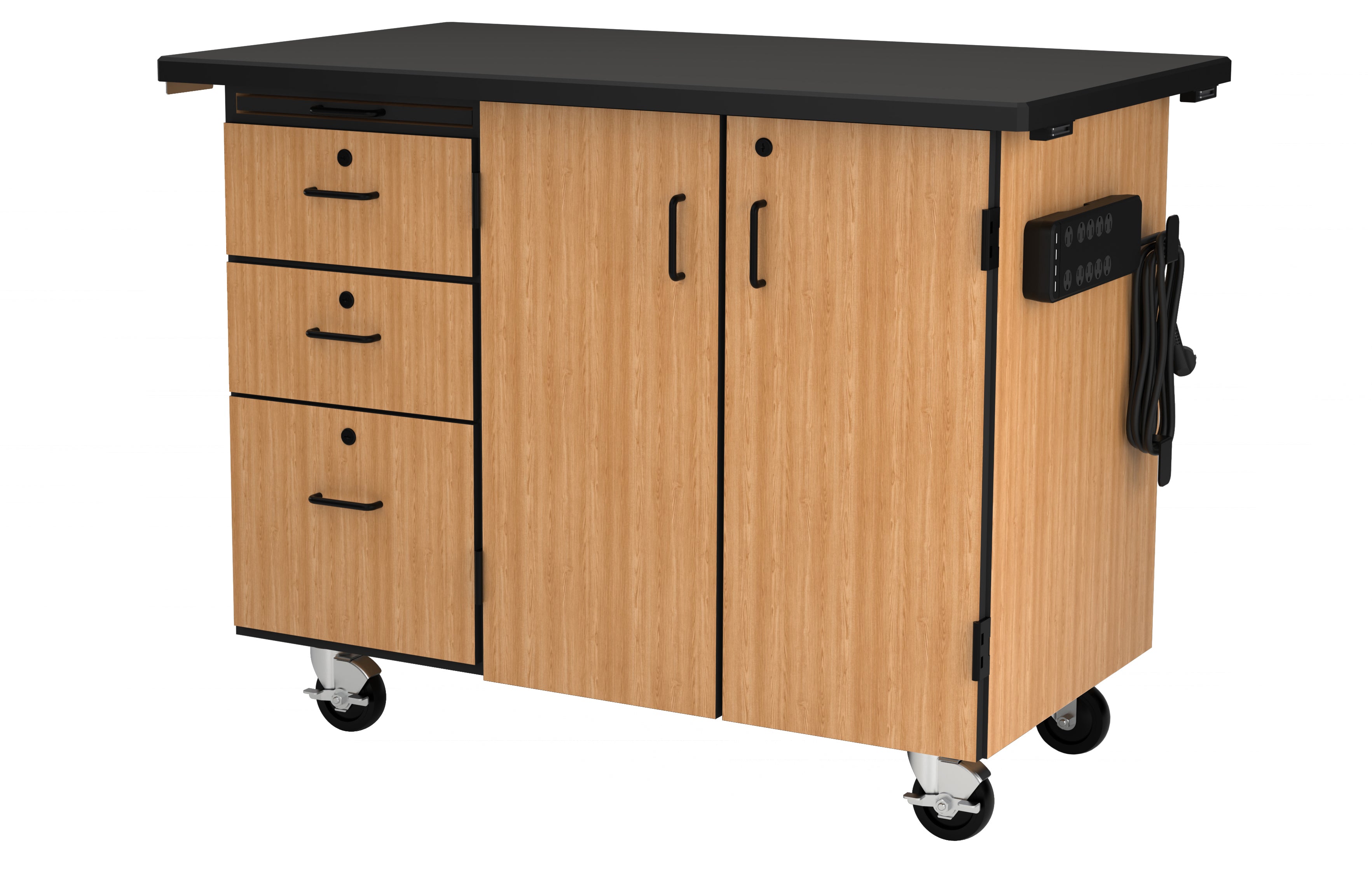 NPS® Mobile Science Cabinet with External Drawers & Pegboard, Phenolic Top, Surface Color: Black, Cabinet Color: Oak