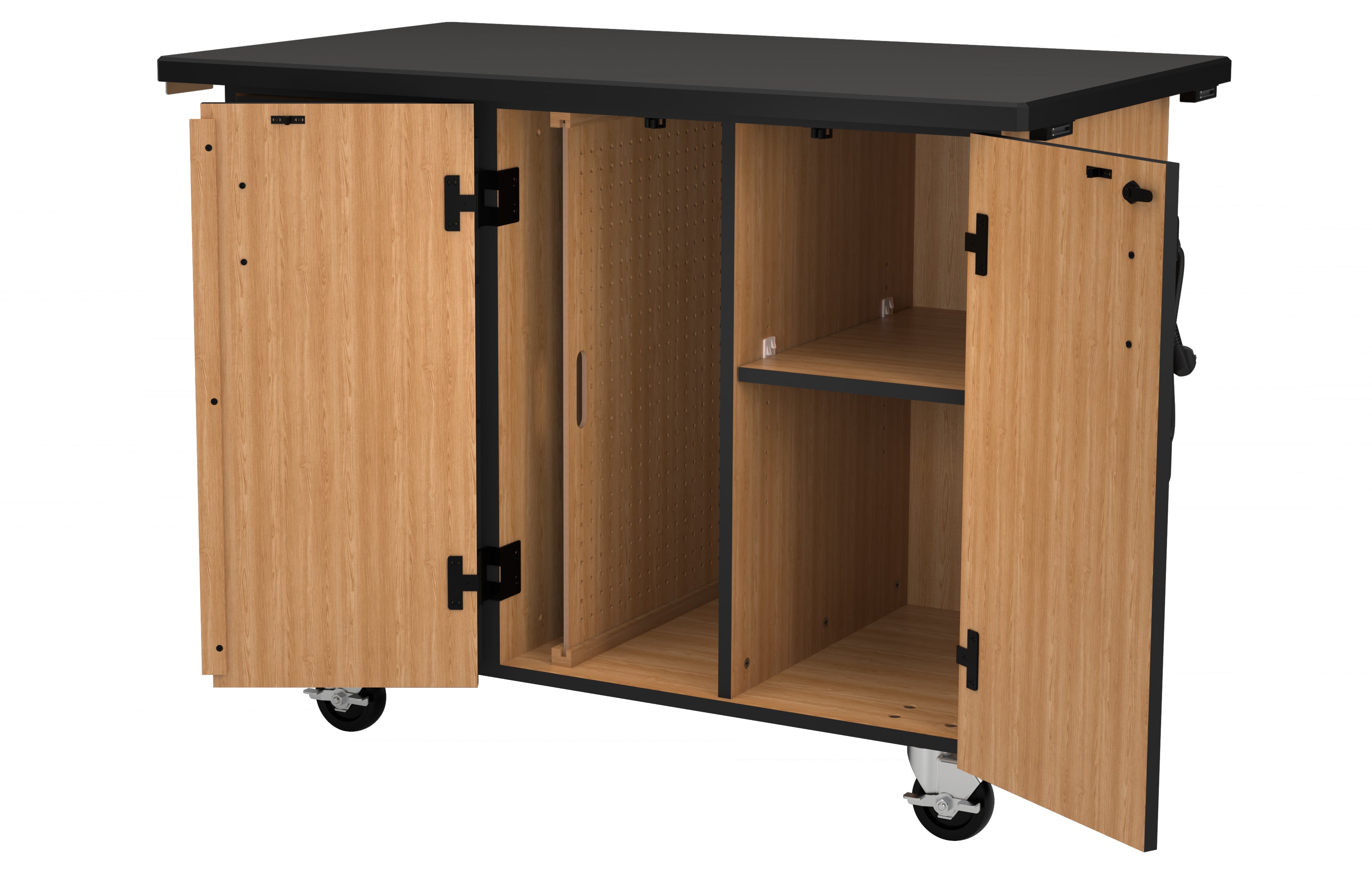 NPS® Mobile Science Cabinet with External Drawers & Pegboard, Chem-Res Top, Surface Color: Black, Cabinet Color: Oak