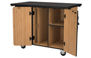 NPS® Mobile Science Cabinet with External Drawers & Pegboard, Phenolic Top, Surface Color: Black, Cabinet Color: Oak