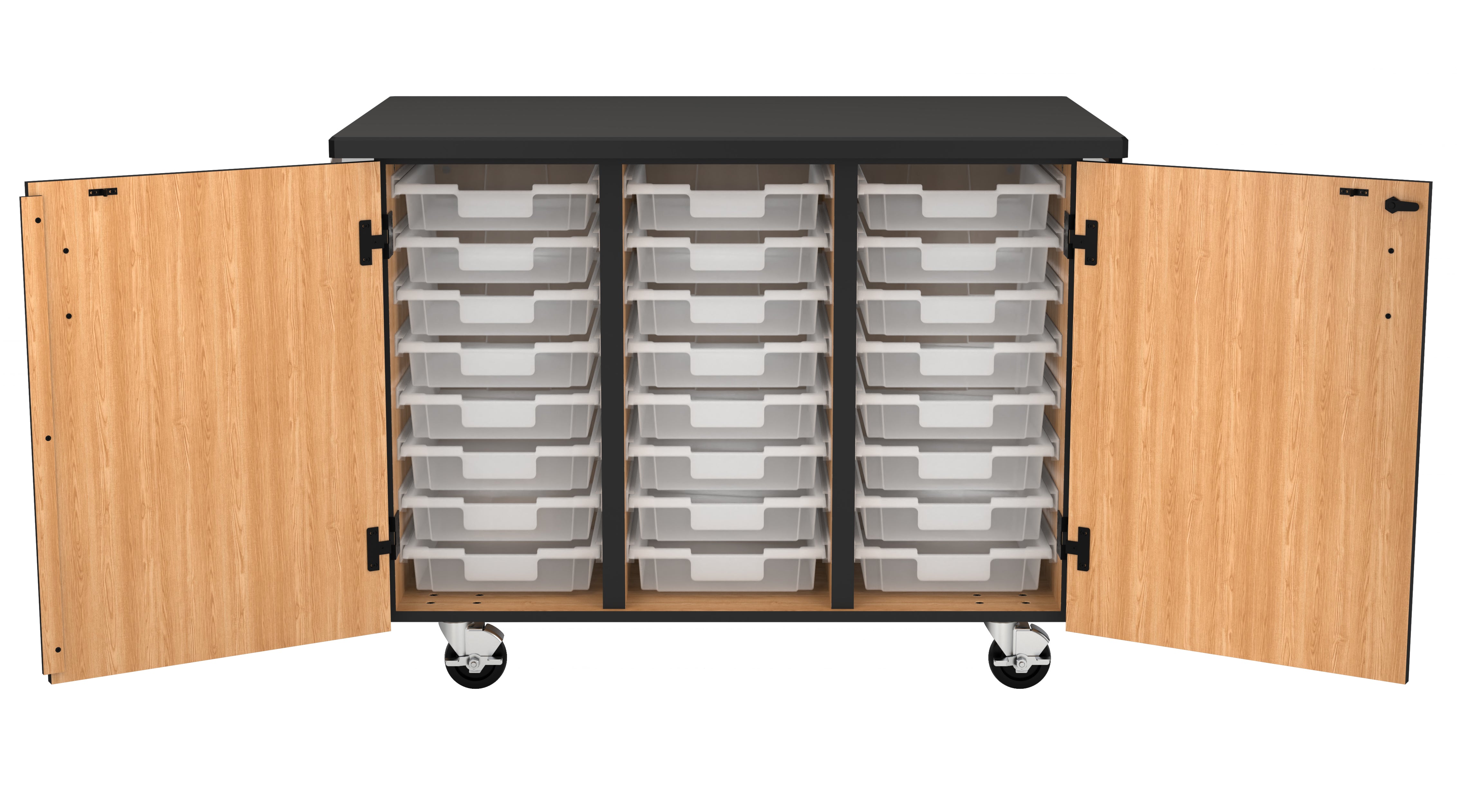 NPS® Mobile Science Cabinet with Tote Trays, Phenolic Top, Surface Color: Black, Cabinet Color: Oak