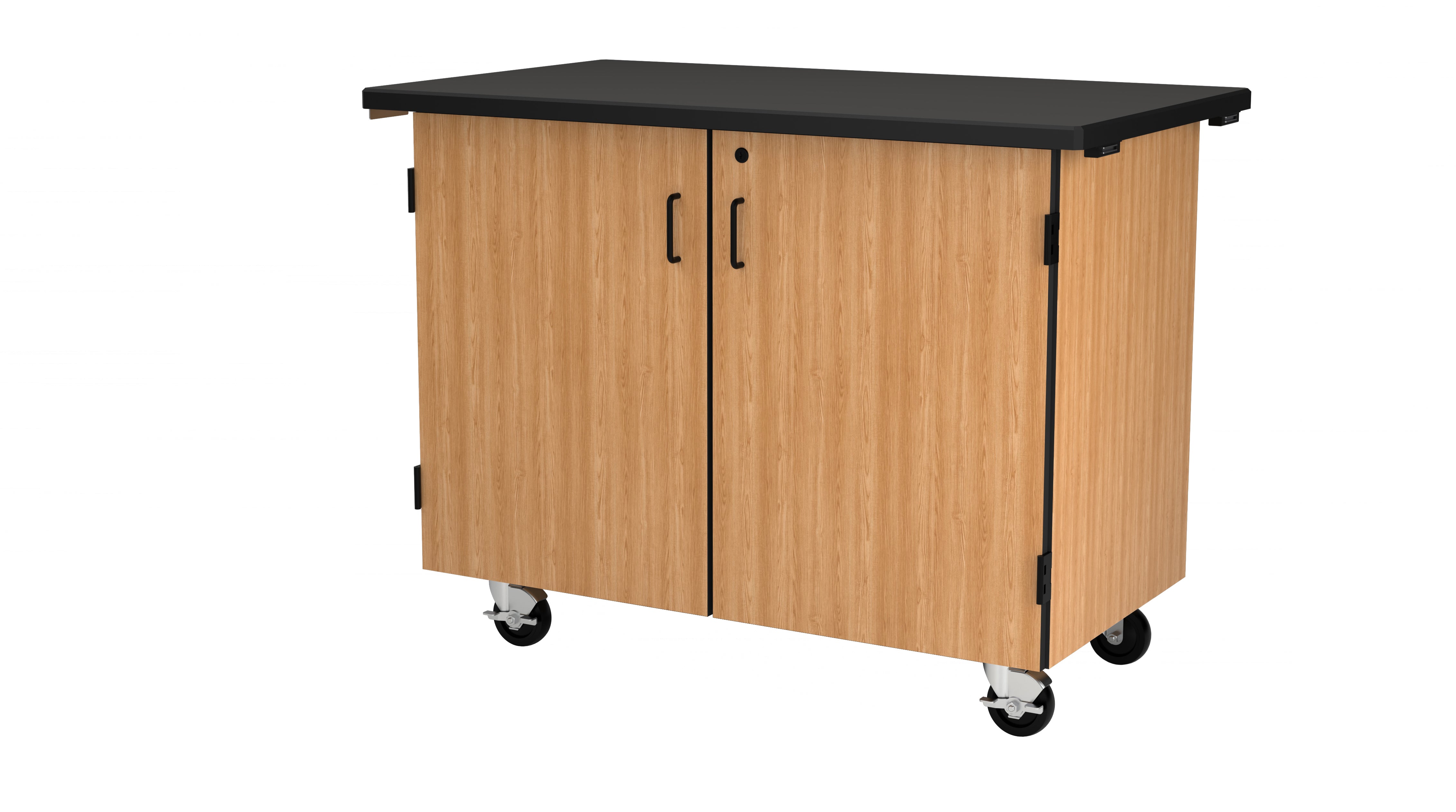 NPS® Mobile Science Cabinet with Tote Trays, Phenolic Top, Surface Color: Black, Cabinet Color: Oak