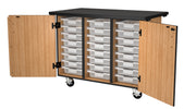NPS® Mobile Science Cabinet with Tote Trays, Phenolic Top, Surface Color: Black, Cabinet Color: Oak