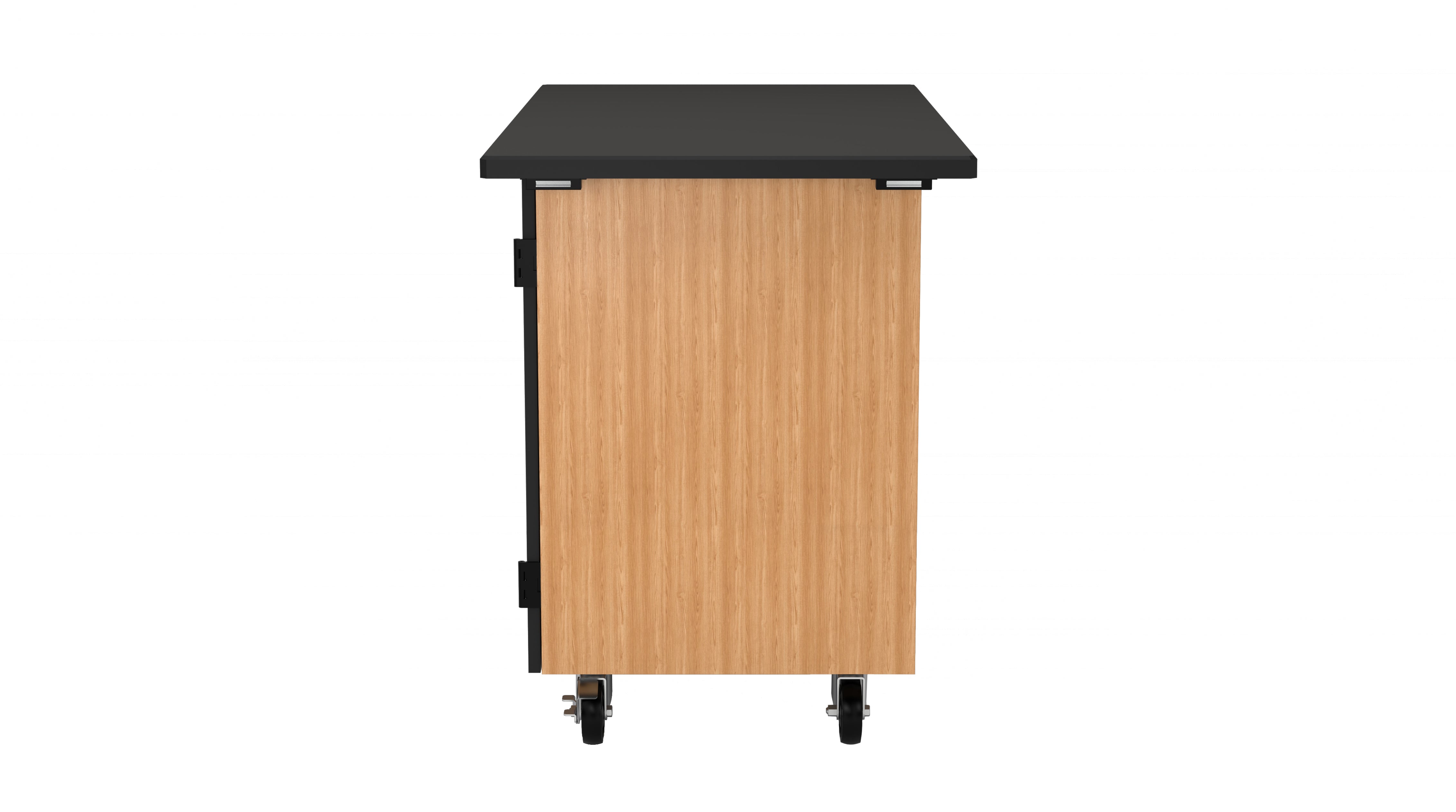 NPS® Mobile Science Cabinet with Tote Trays, Phenolic Top, Surface Color: Black, Cabinet Color: Oak
