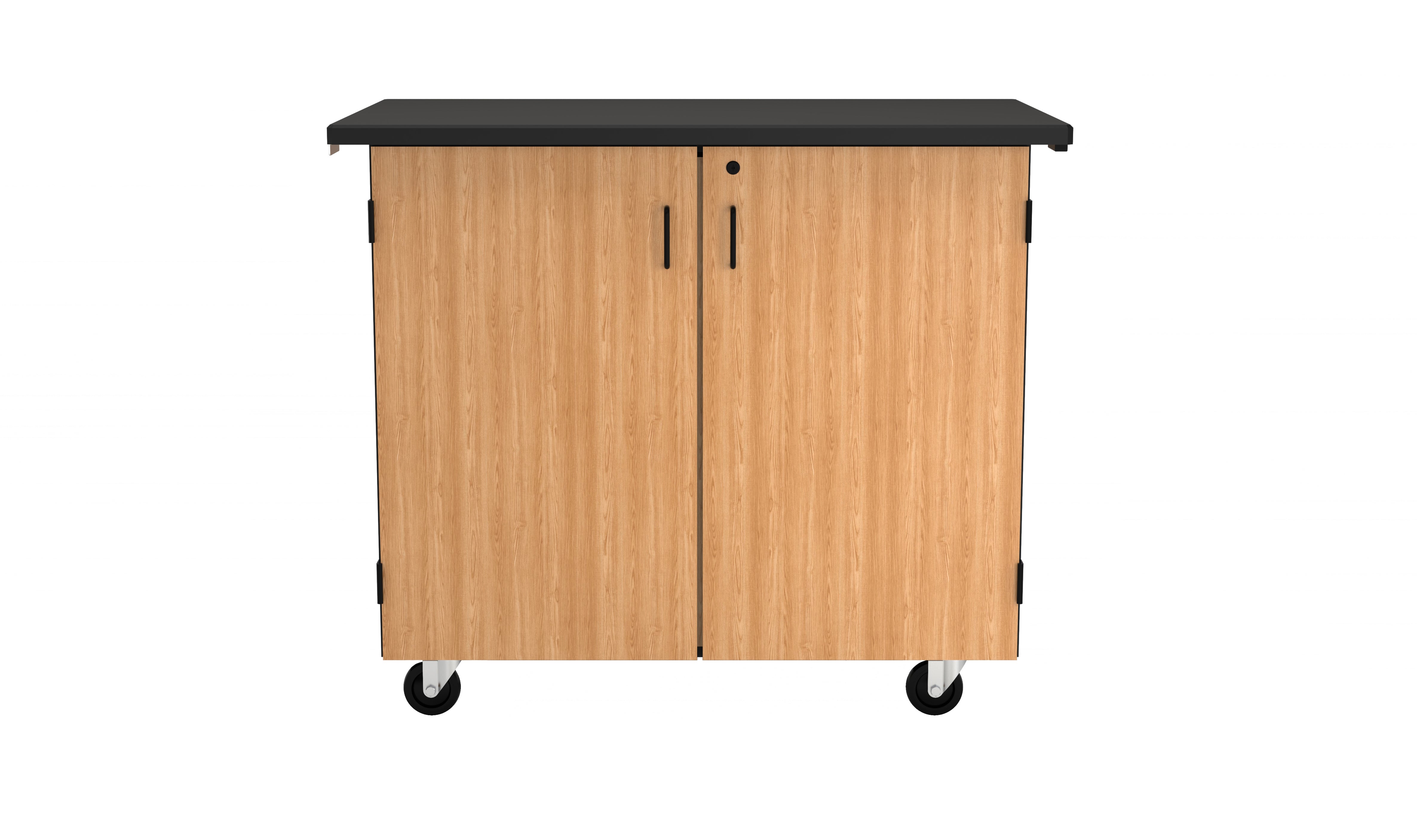 NPS® Mobile Science Cabinet with Microscope Dividers, Chem-Res Top, Surface Color: Black, Cabinet Color: Oak