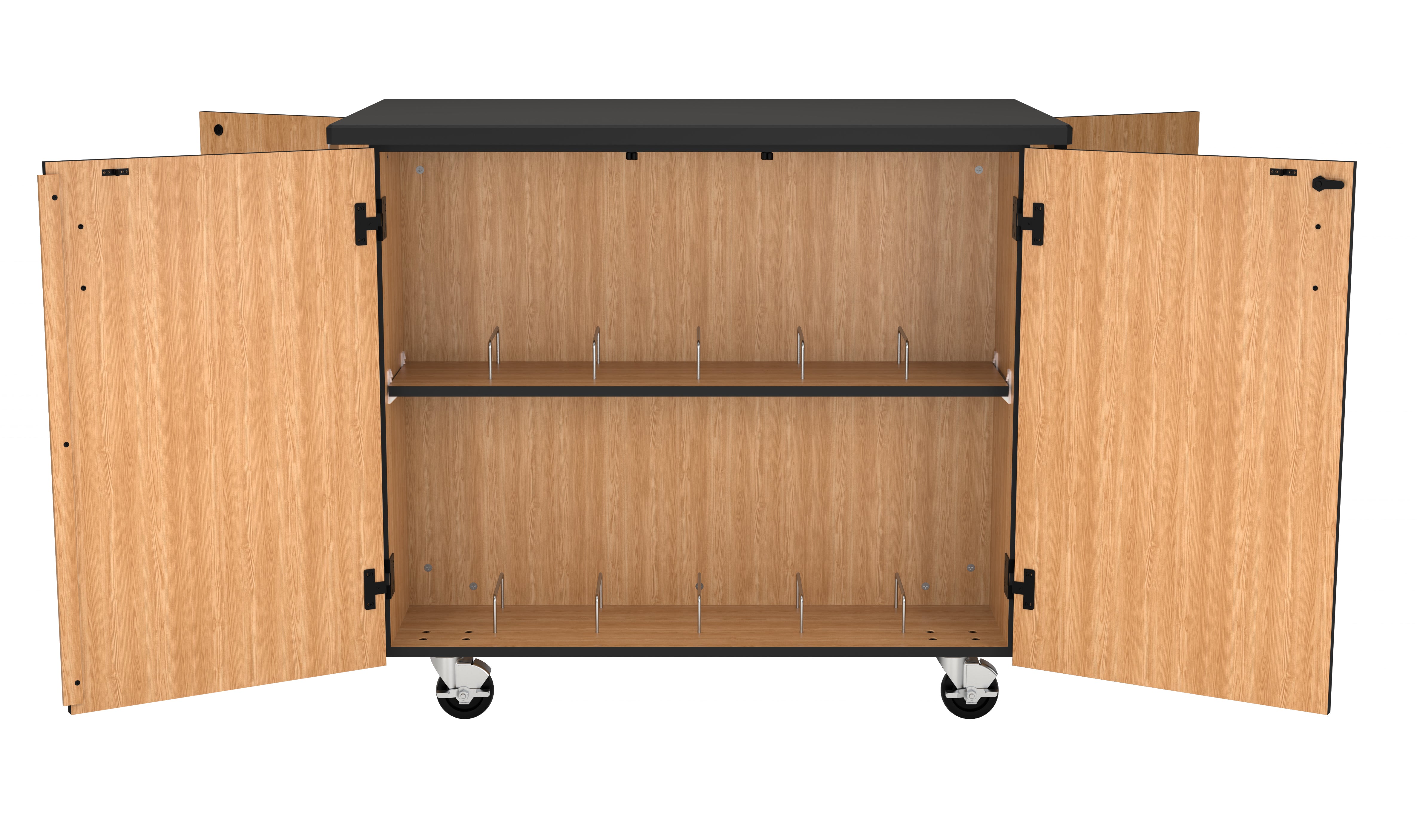 NPS® Mobile Science Cabinet with Microscope Dividers, Phenolic Top, Surface Color: Black, Cabinet Color: Oak
