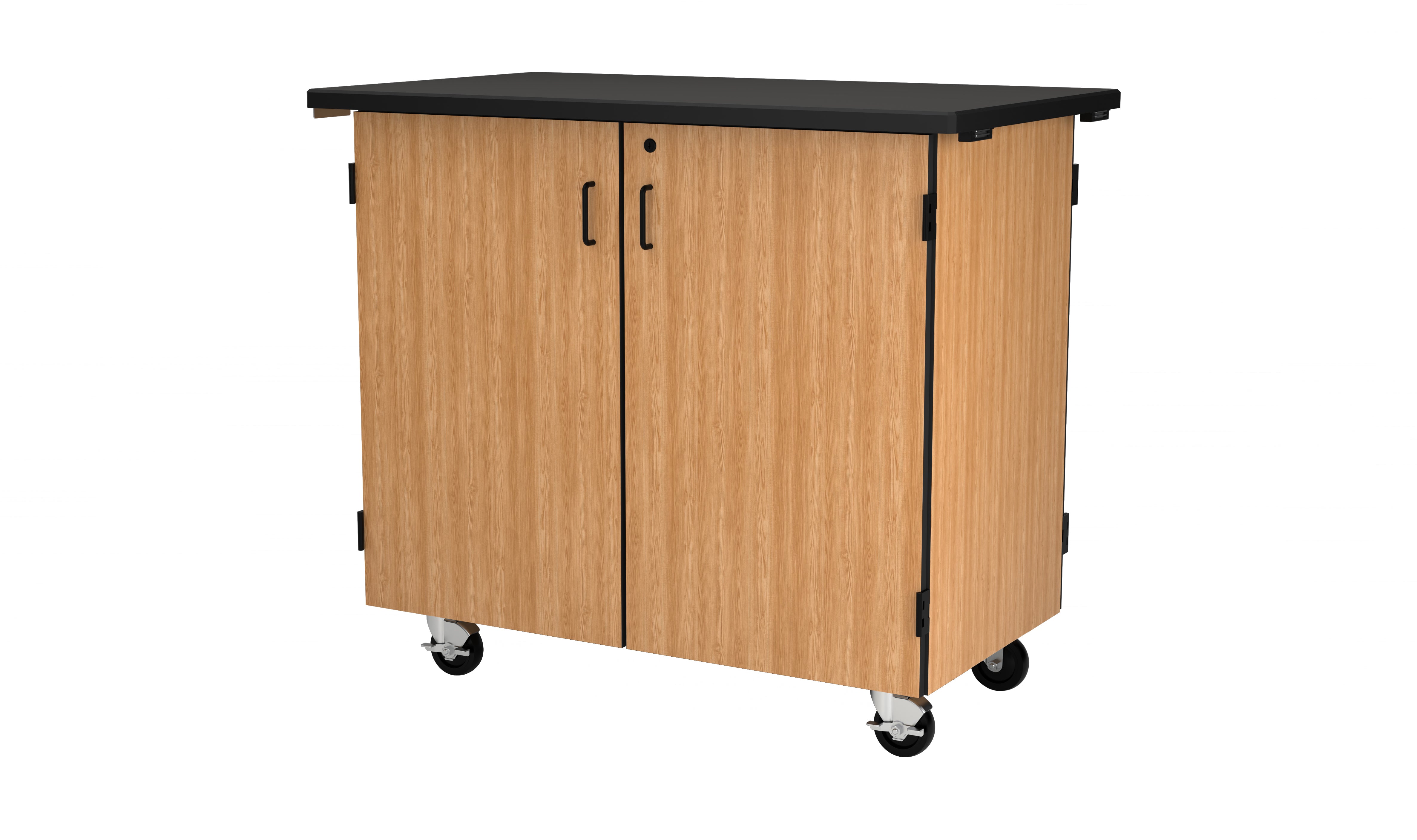NPS® Mobile Science Cabinet with Microscope Dividers, Chem-Res Top, Surface Color: Black, Cabinet Color: Oak