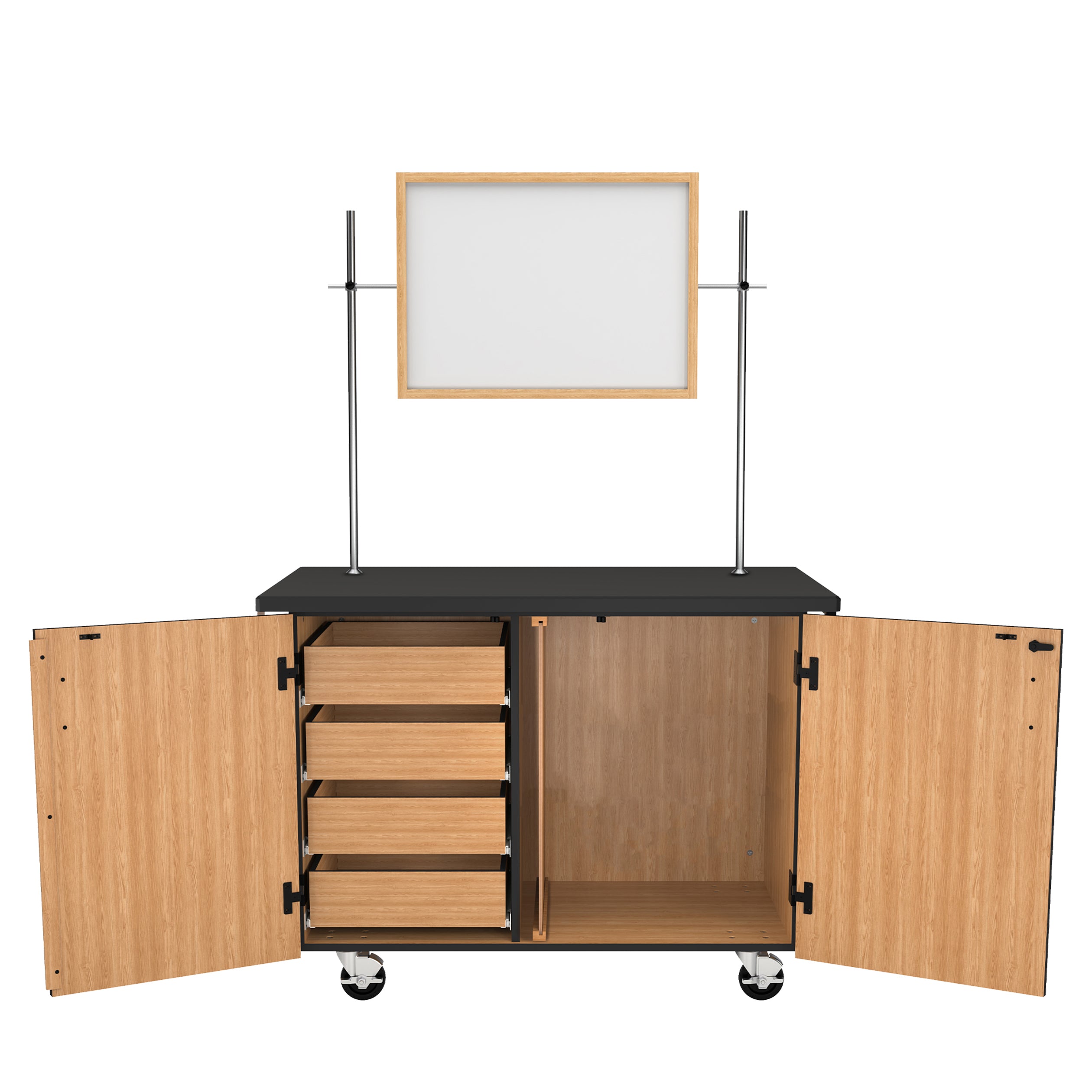 NPS® Mobile Science Cabinet with Inner Drawers & Pegboard, Phenolic Top and Whiteboard/Mirror, Surface Color: Black, Cabinet Color: Oak