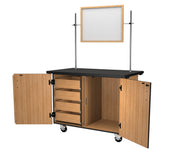 NPS® Mobile Science Cabinet with Inner Drawers & Pegboard, Phenolic Top and Whiteboard/Mirror, Surface Color: Black, Cabinet Color: Oak