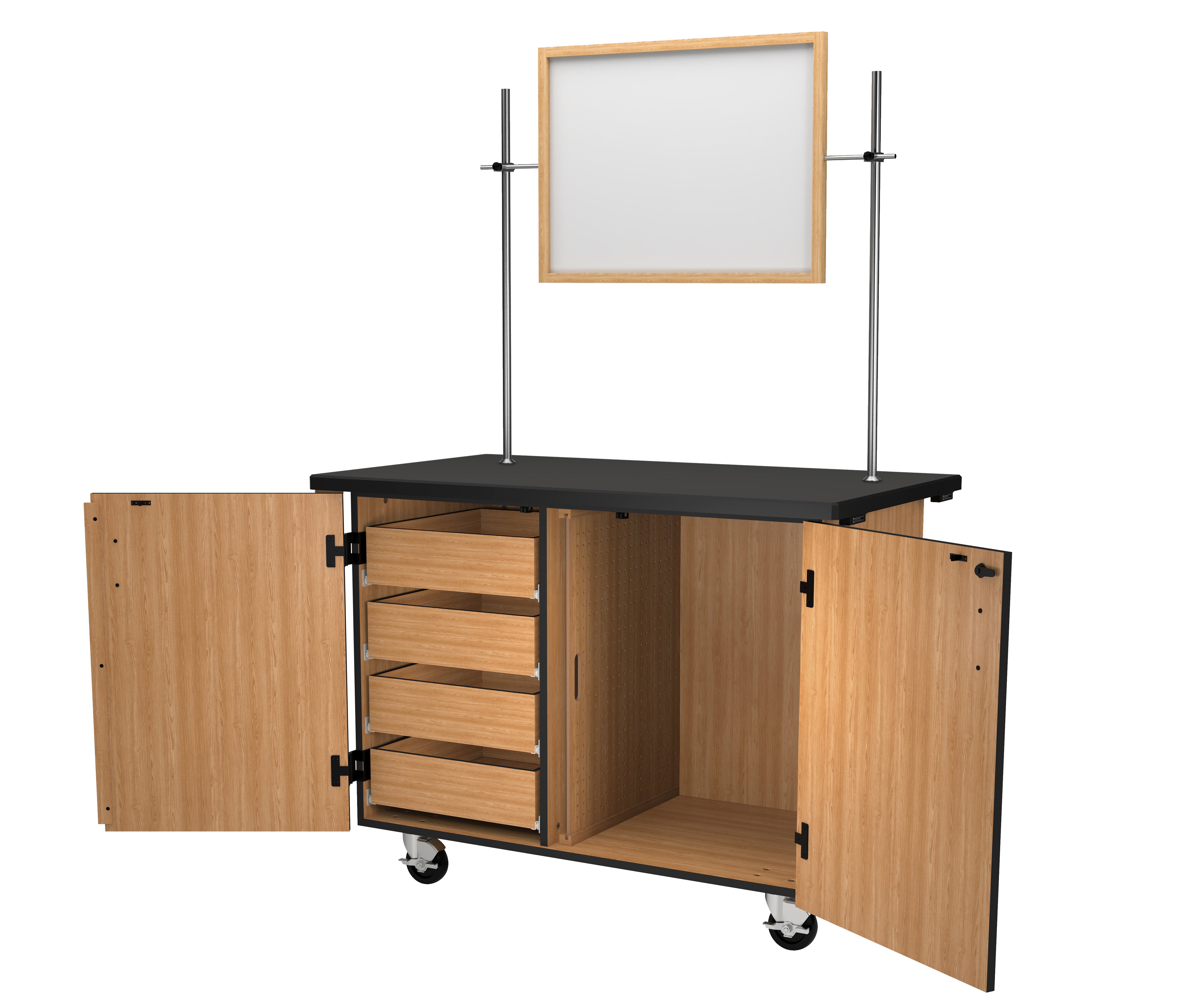 NPS® Mobile Science Cabinet with Inner Drawers & Pegboard, Phenolic Top and Whiteboard/Mirror, Surface Color: Black, Cabinet Color: Oak