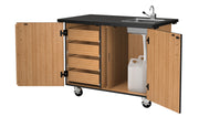 NPS® Mobile Science Cabinet with Inner Drawers & Pegboard, Phenolic Top and Sink, Surface Color: Black, Cabinet Color: Oak