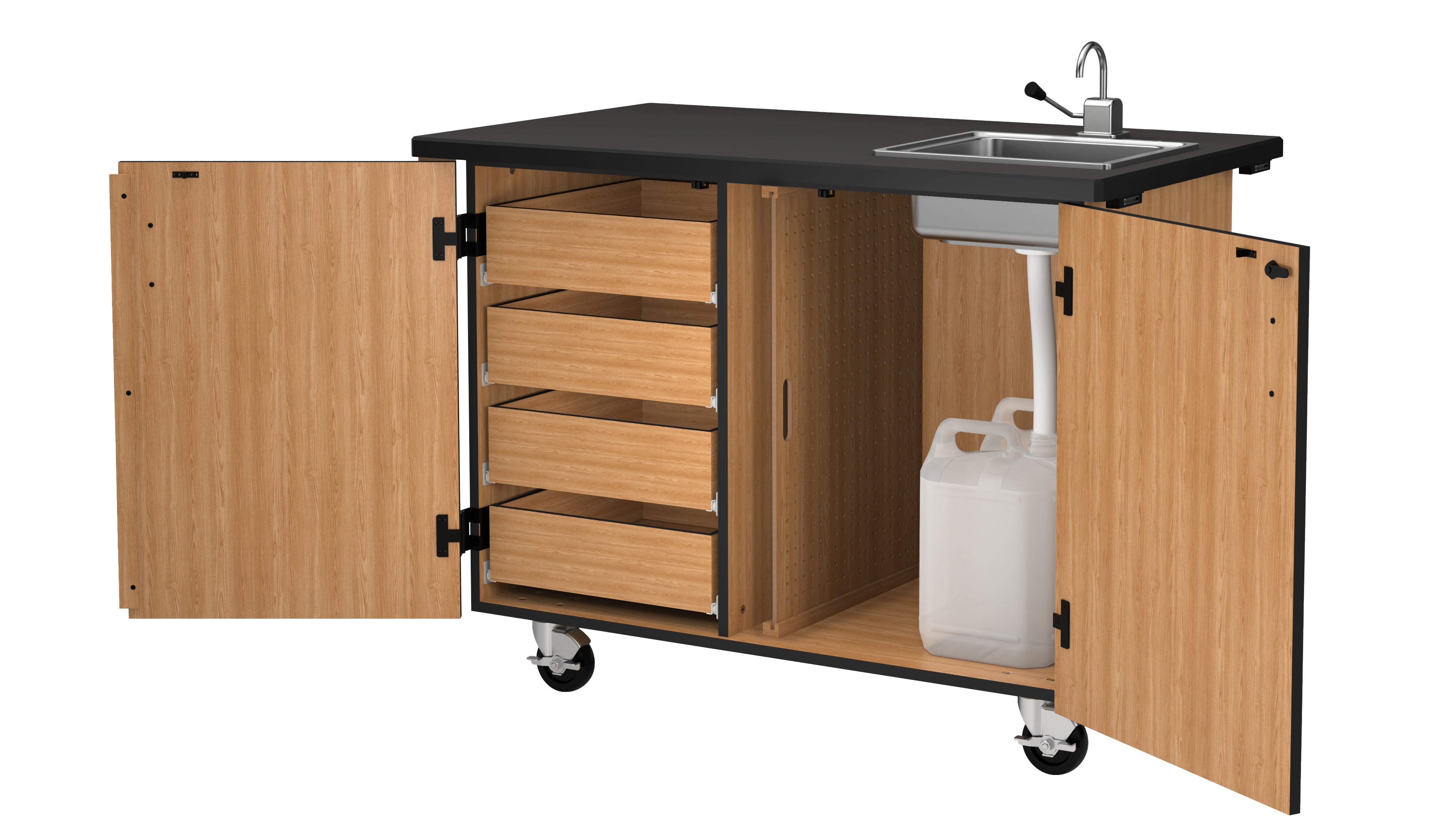 NPS® Mobile Science Cabinet with Inner Drawers & Pegboard, Phenolic Top and Sink, Surface Color: Black, Cabinet Color: Oak
