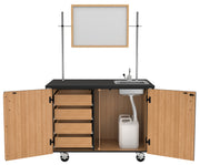 NPS® Mobile Science Cabinet with Inner Drawers & Pegboard, Phenolic Top, Sink and Whiteboard/Mirror, Surface Color: Black, Cabinet Color: Oak