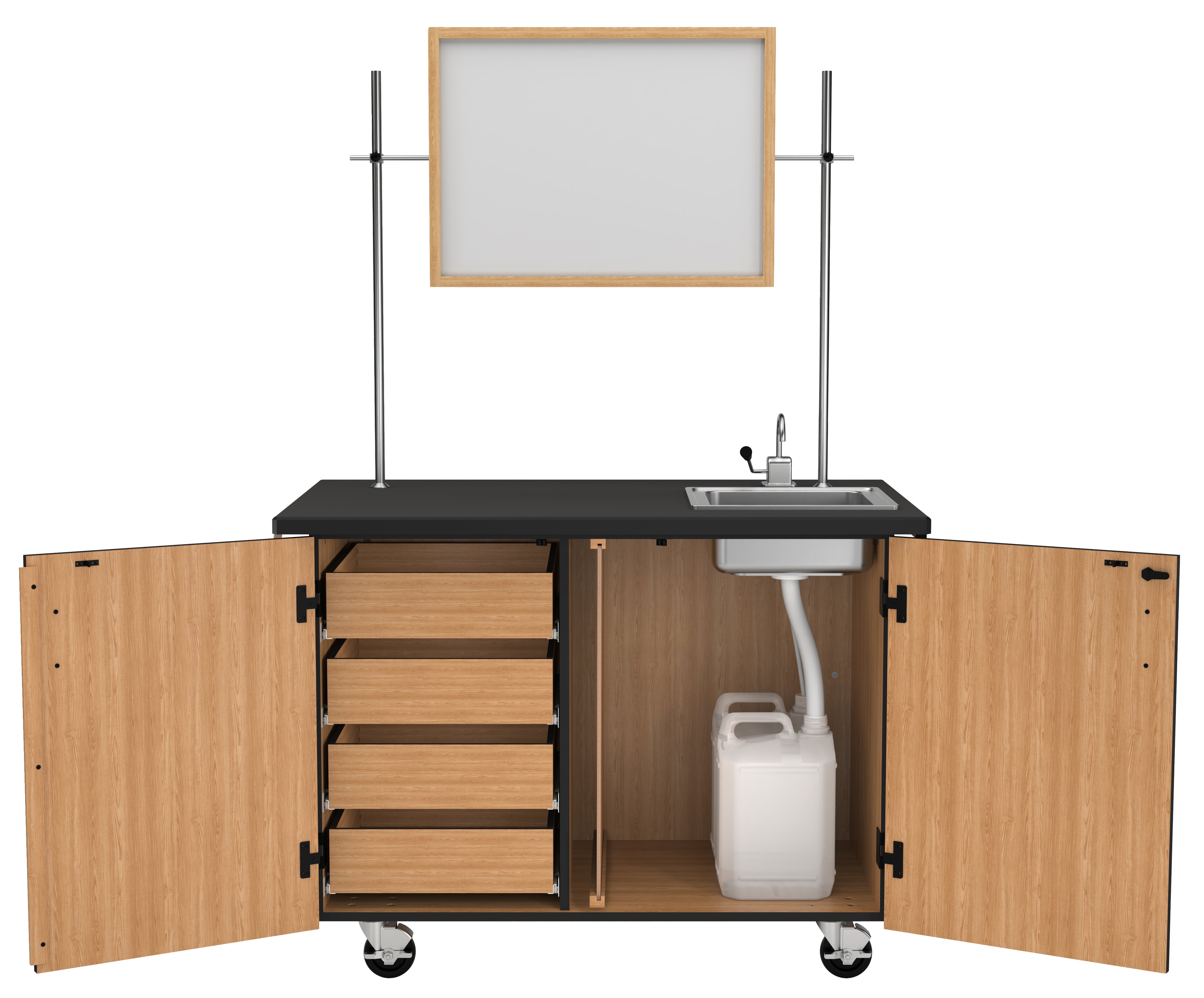 NPS® Mobile Science Cabinet with Inner Drawers & Pegboard, Phenolic Top, Sink and Whiteboard/Mirror, Surface Color: Black, Cabinet Color: Oak