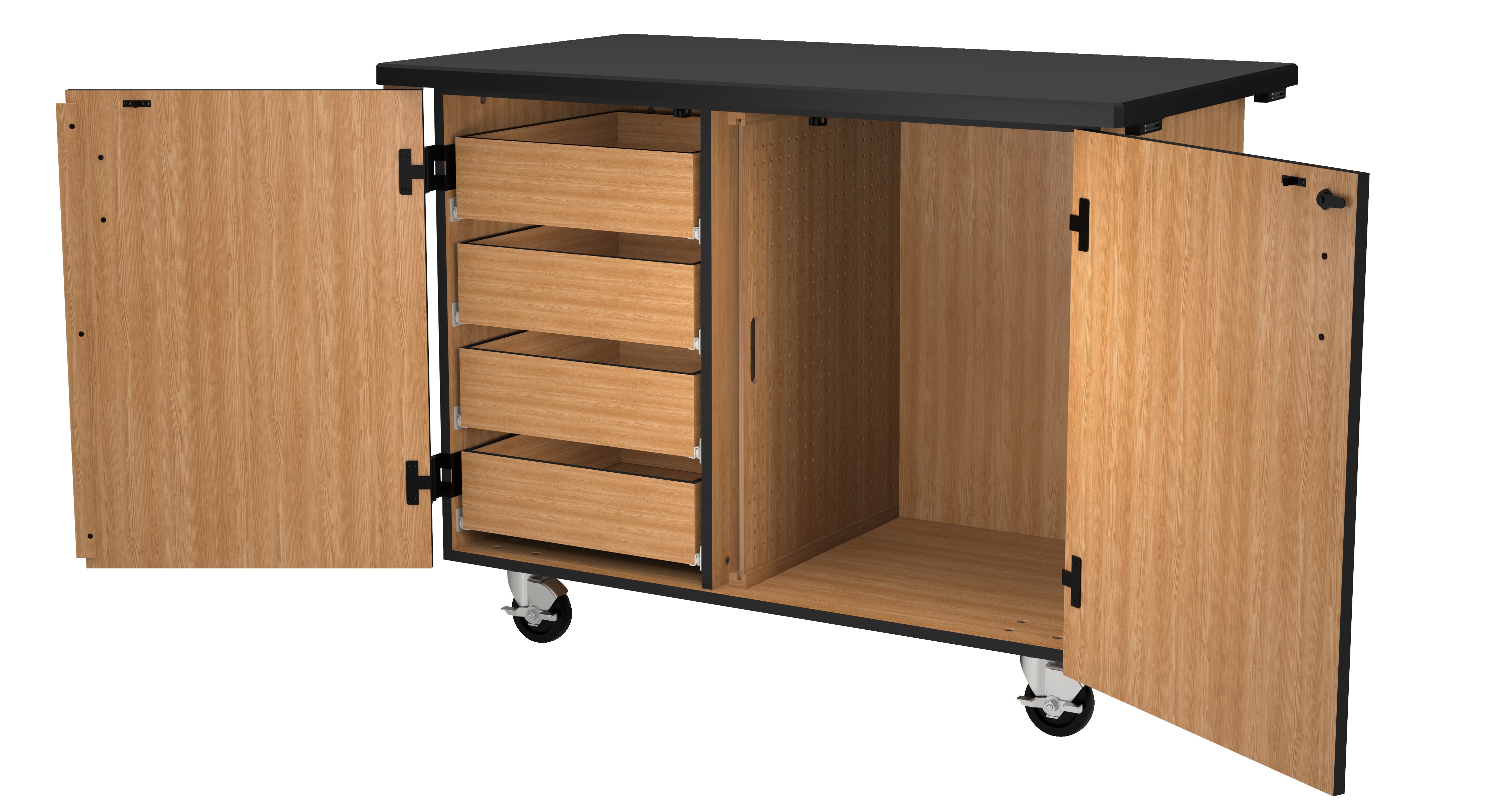 NPS® Mobile Science Cabinet with Inner Drawers & Pegboard, Phenolic Top, Surface Color: Black, Cabinet Color: Oak