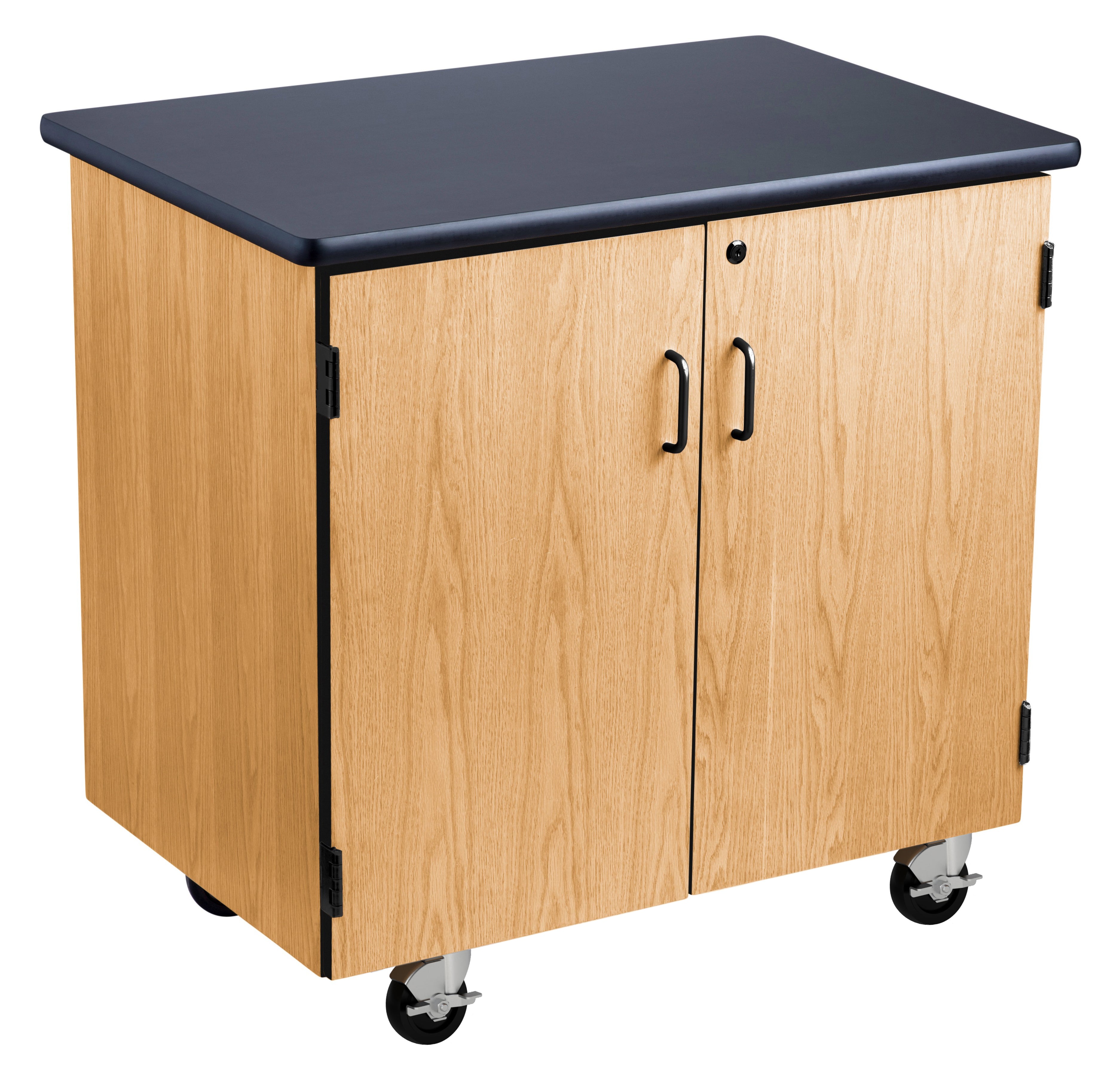 NPS® Mobile Science Cabinet with High Pressure Laminate Top, Surface Color: Black, Cabinet Color: Oak