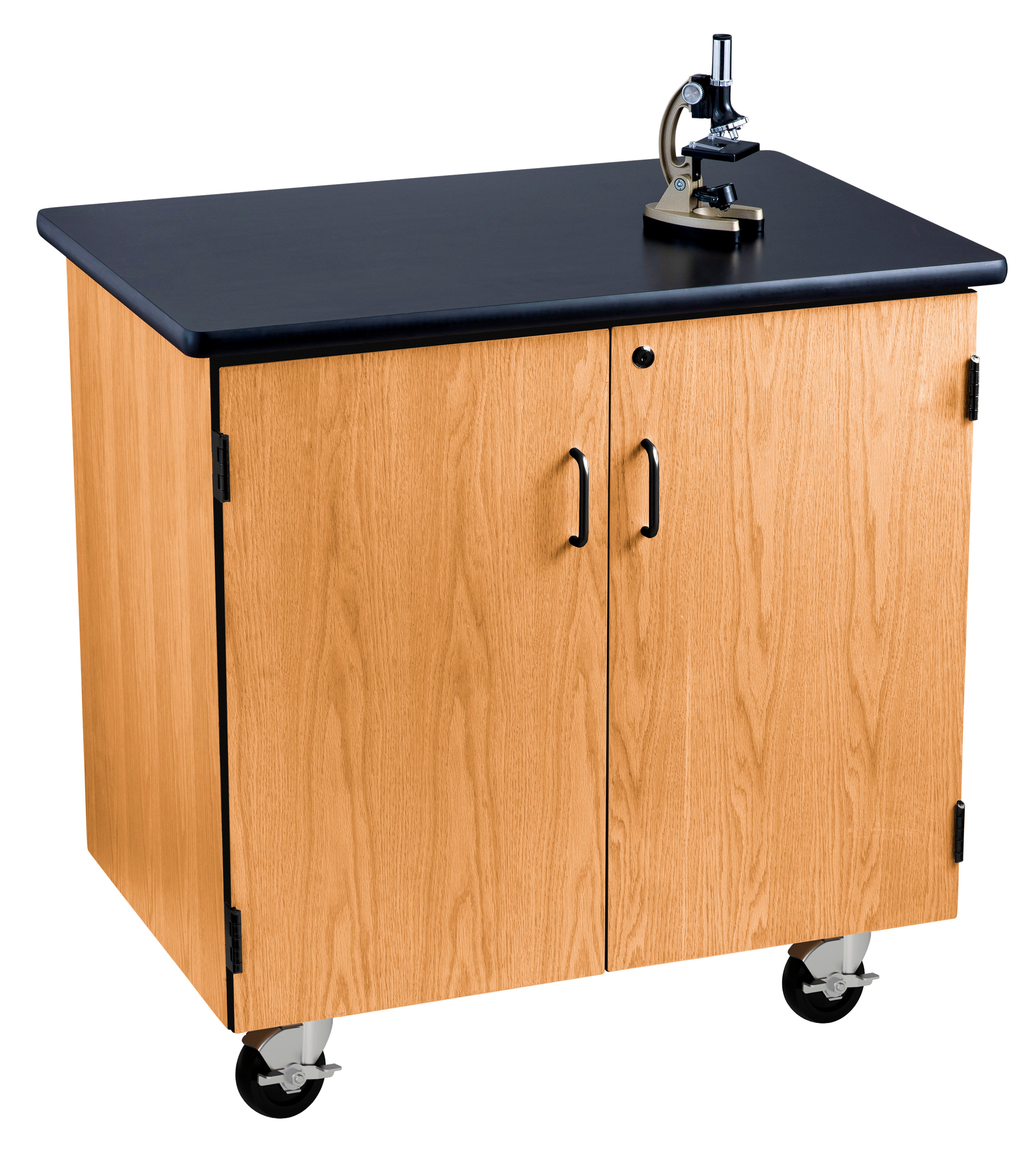 NPS® Mobile Science Cabinet with High Pressure Laminate Top, Surface Color: Black, Cabinet Color: Oak