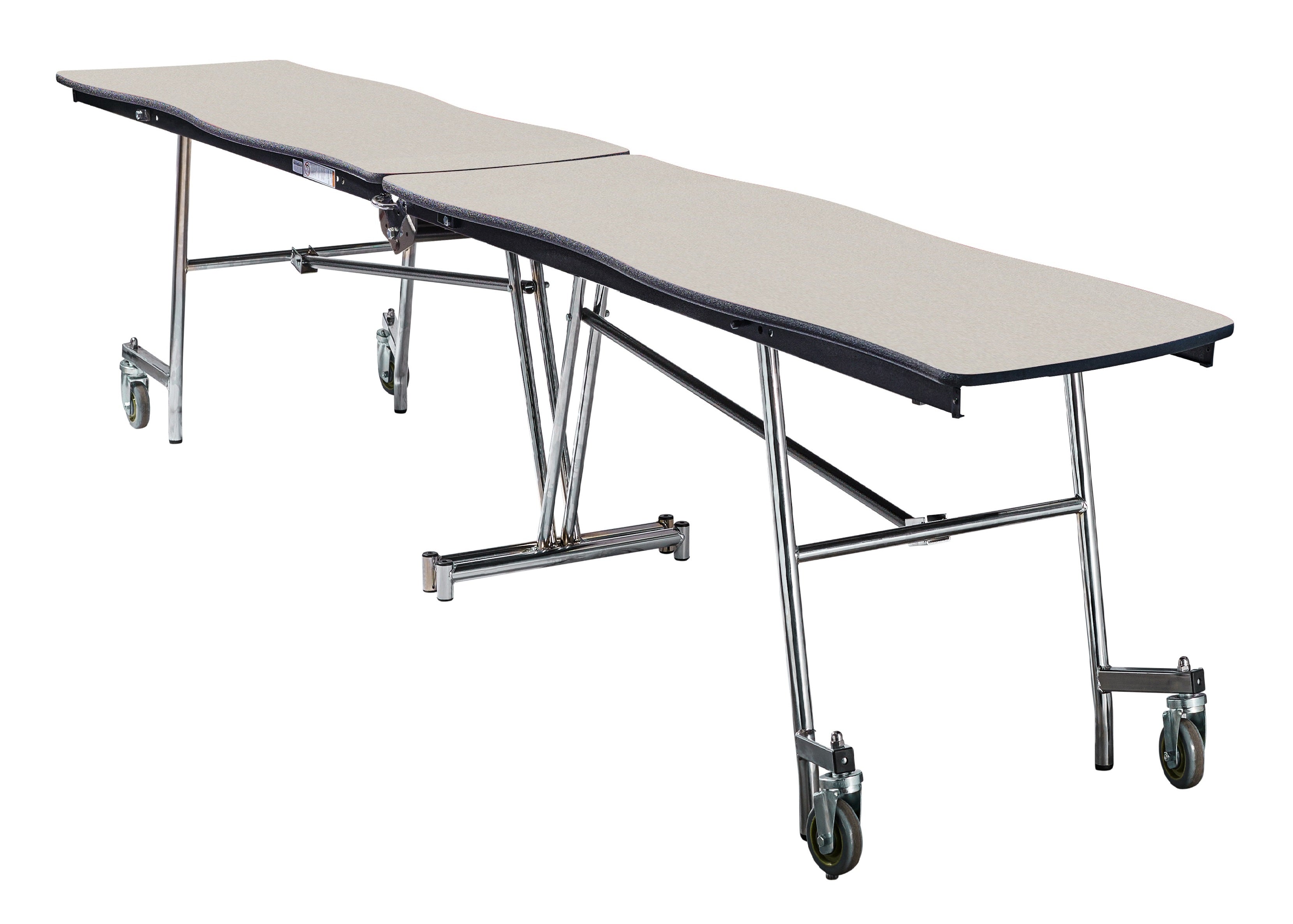 NPS® Mobile Cafeteria Table, 8' Swerve, Plywood Core, Edge Type: Edge Banding, Frame Type: Chrome (Specify Laminate Color and Height)
