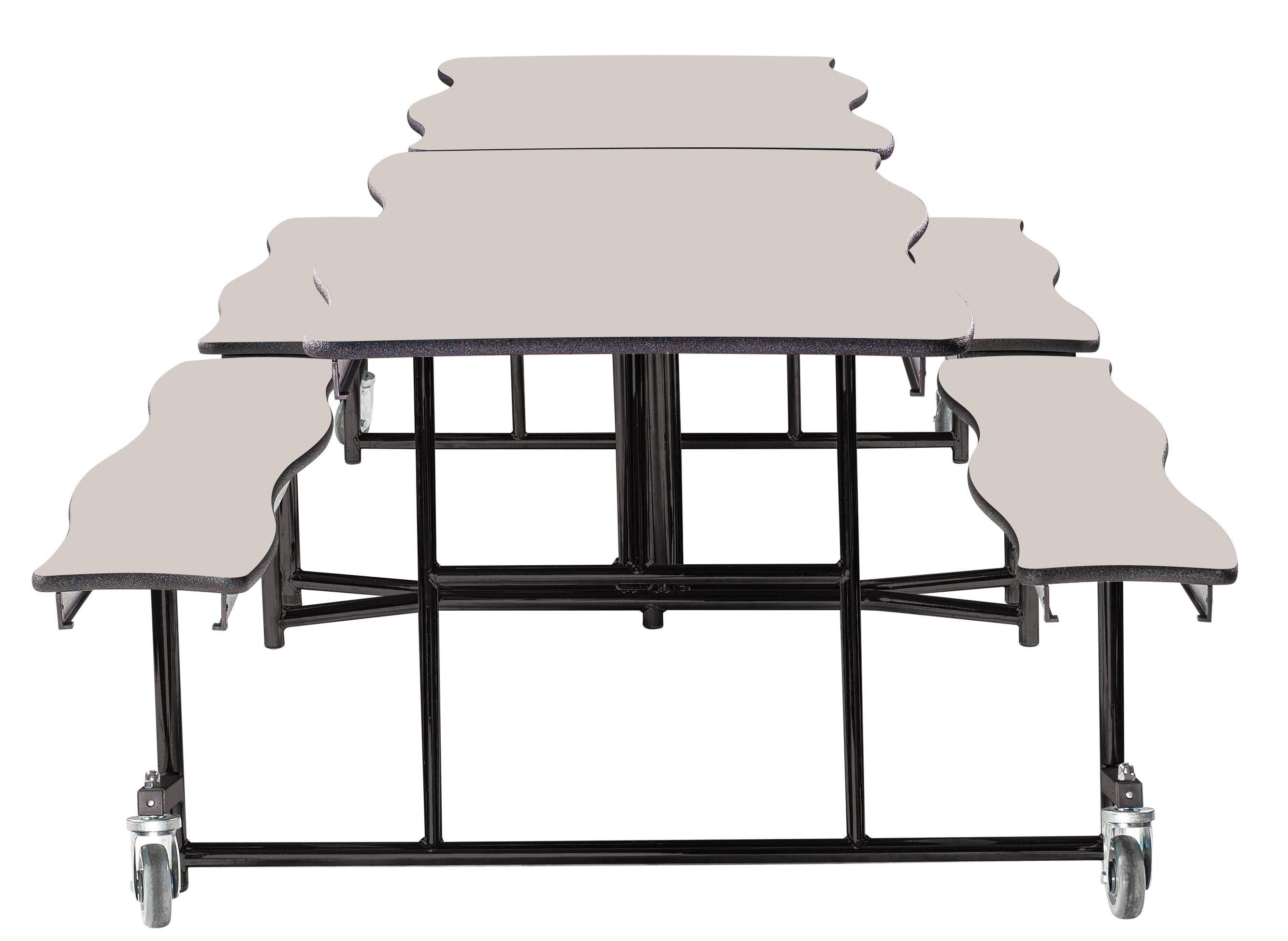 NPS® Mobile Cafeteria Table w/ Benches, 12' Swerve, MDF Core, Edge Type: ProtectEdge, Frame Type:  Textured Black (Specify Tabletop/Bench Laminate Color and Height)