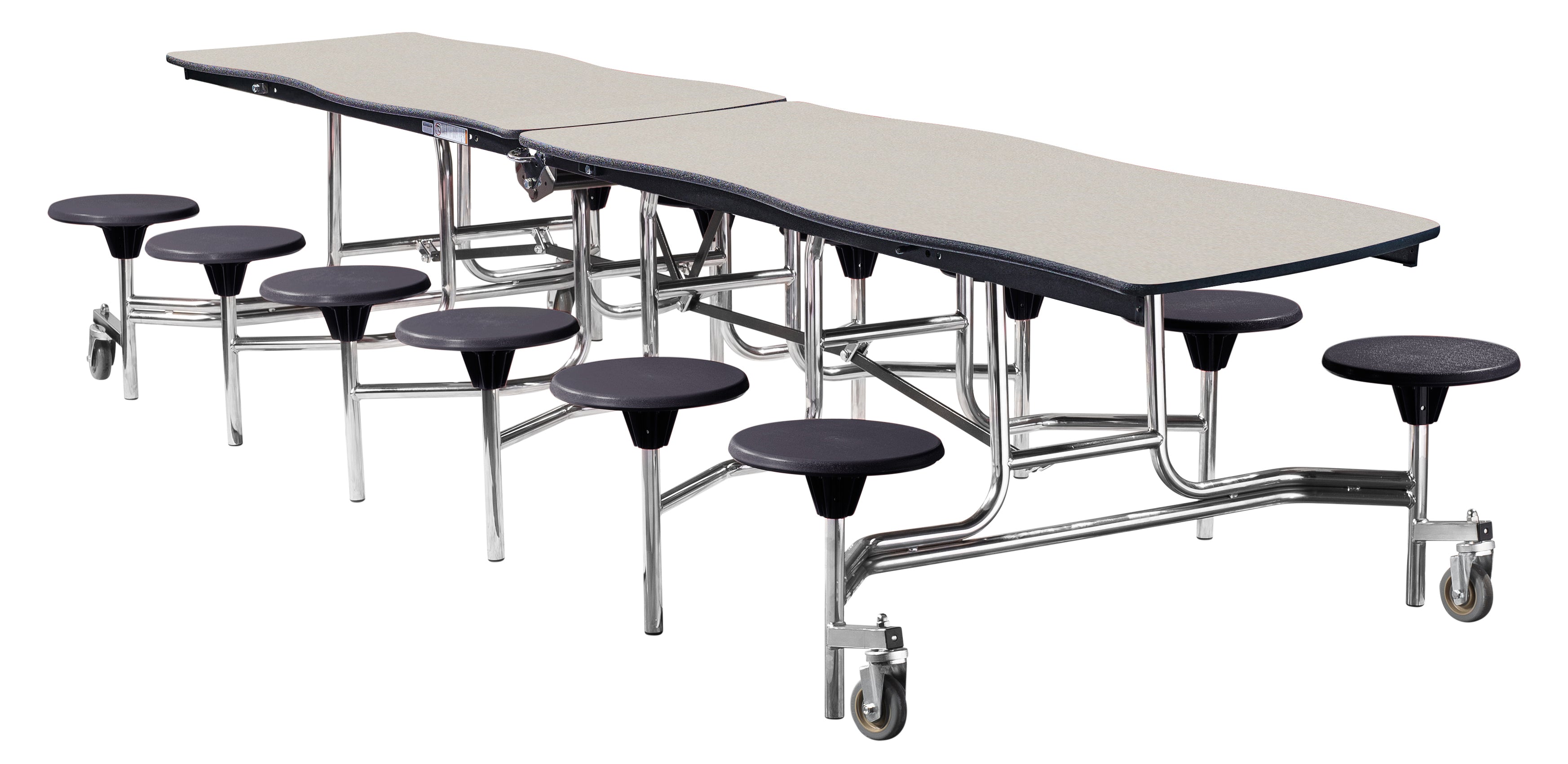 NPS® Mobile Cafeteria Table w/ Stools, 10' Swerve, MDF Core, Edge Type: ProtectEdge, Frame Type:  Chrome (Specify Laminate Tabletop/Seat Color and Height)