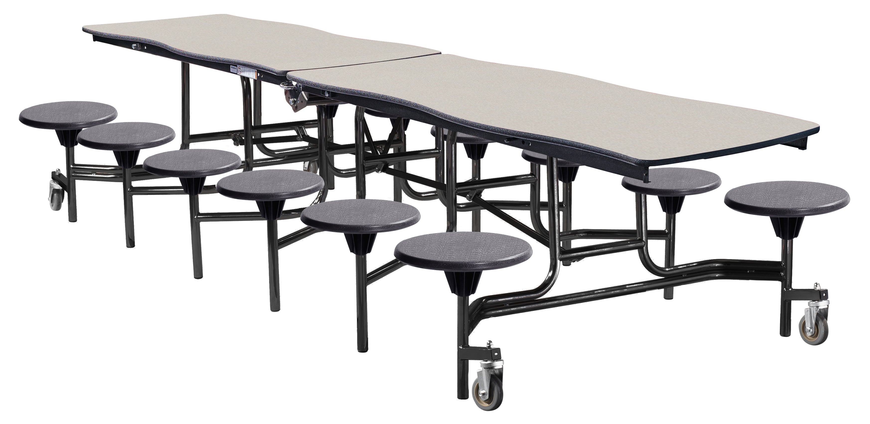 NPS® Mobile Cafeteria Table w/ Stools, 12' Swerve, Particleboard Core, Edge Type: Vinyl T-Mold, Frame Type:  Textured Black (Specify Laminate Tabletop/Seat Color and Height)