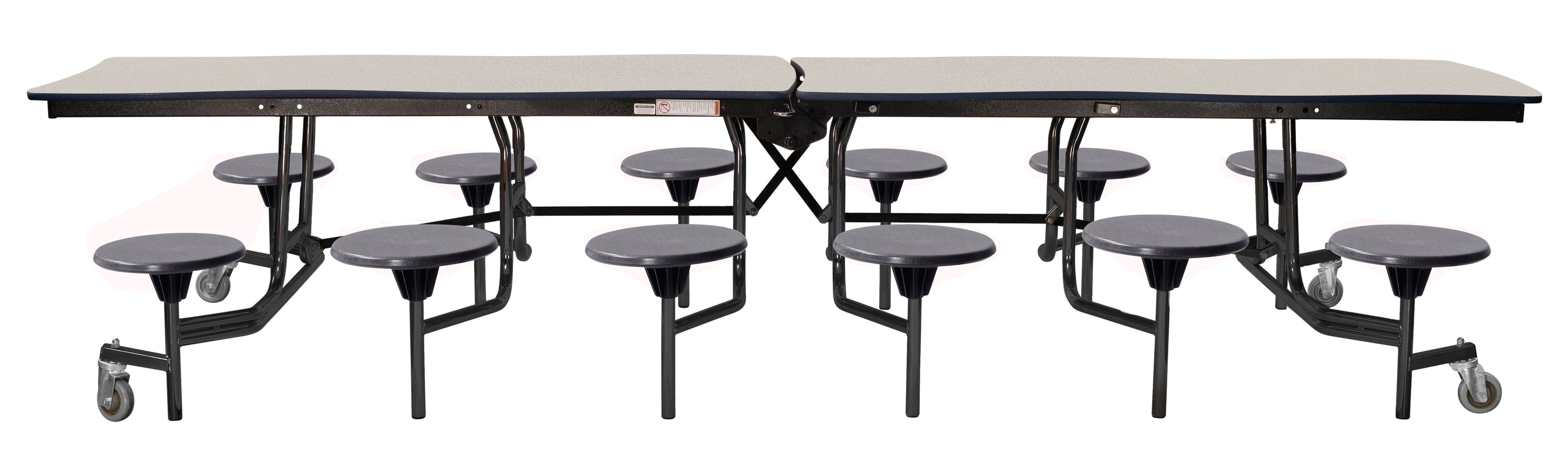NPS® Mobile Cafeteria Table w/ Stools, 12' Swerve, Particleboard Core, Edge Type: Vinyl T-Mold, Frame Type:  Textured Black (Specify Laminate Tabletop/Seat Color and Height)