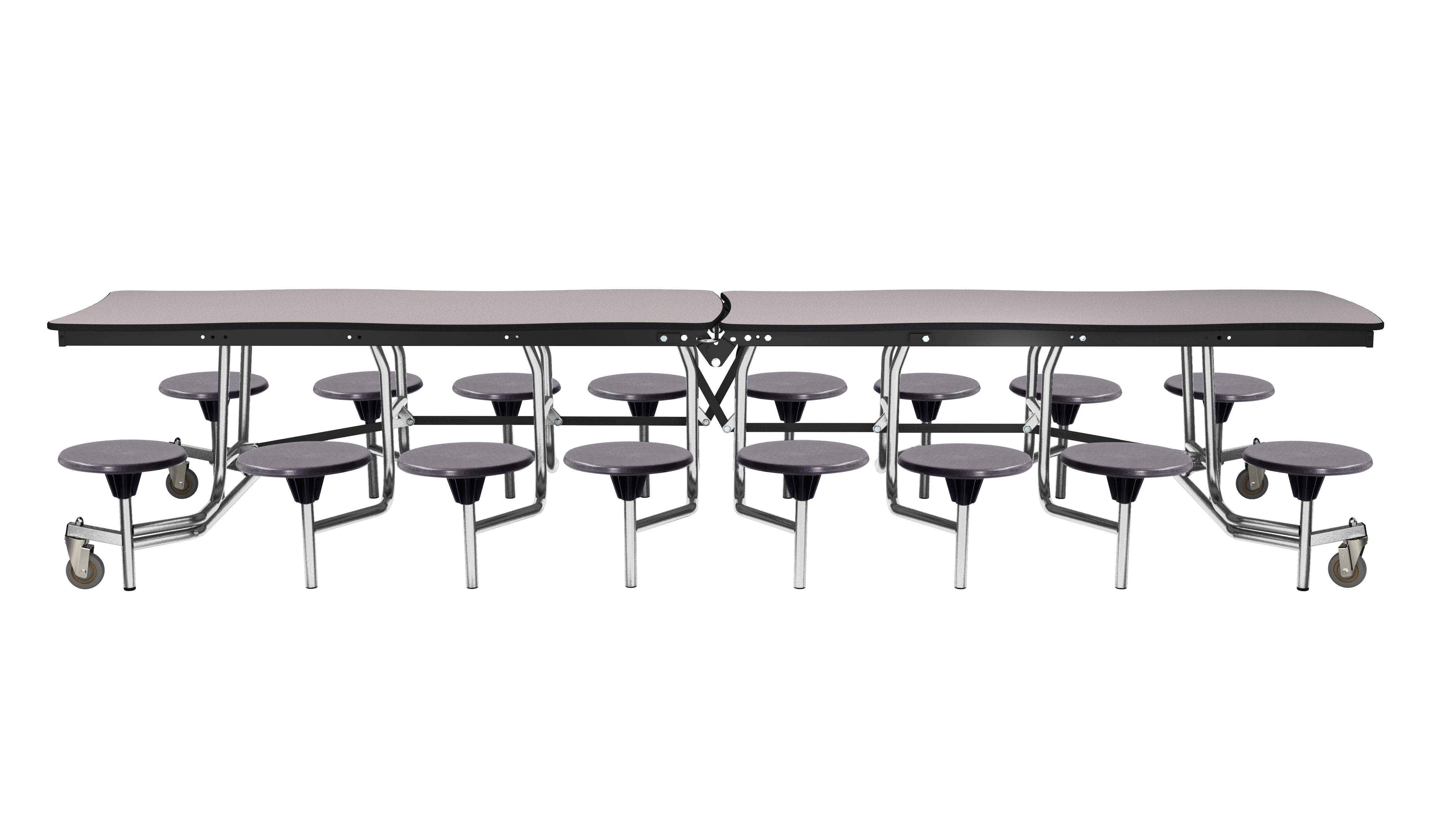 NPS® Mobile Cafeteria Table w/ 16 Stools, 12' Swerve, Particleboard Core, Edge Type: Edge Banding, Frame Type:  Chrome (Specify Laminate Tabletop/Seat Color and Height)