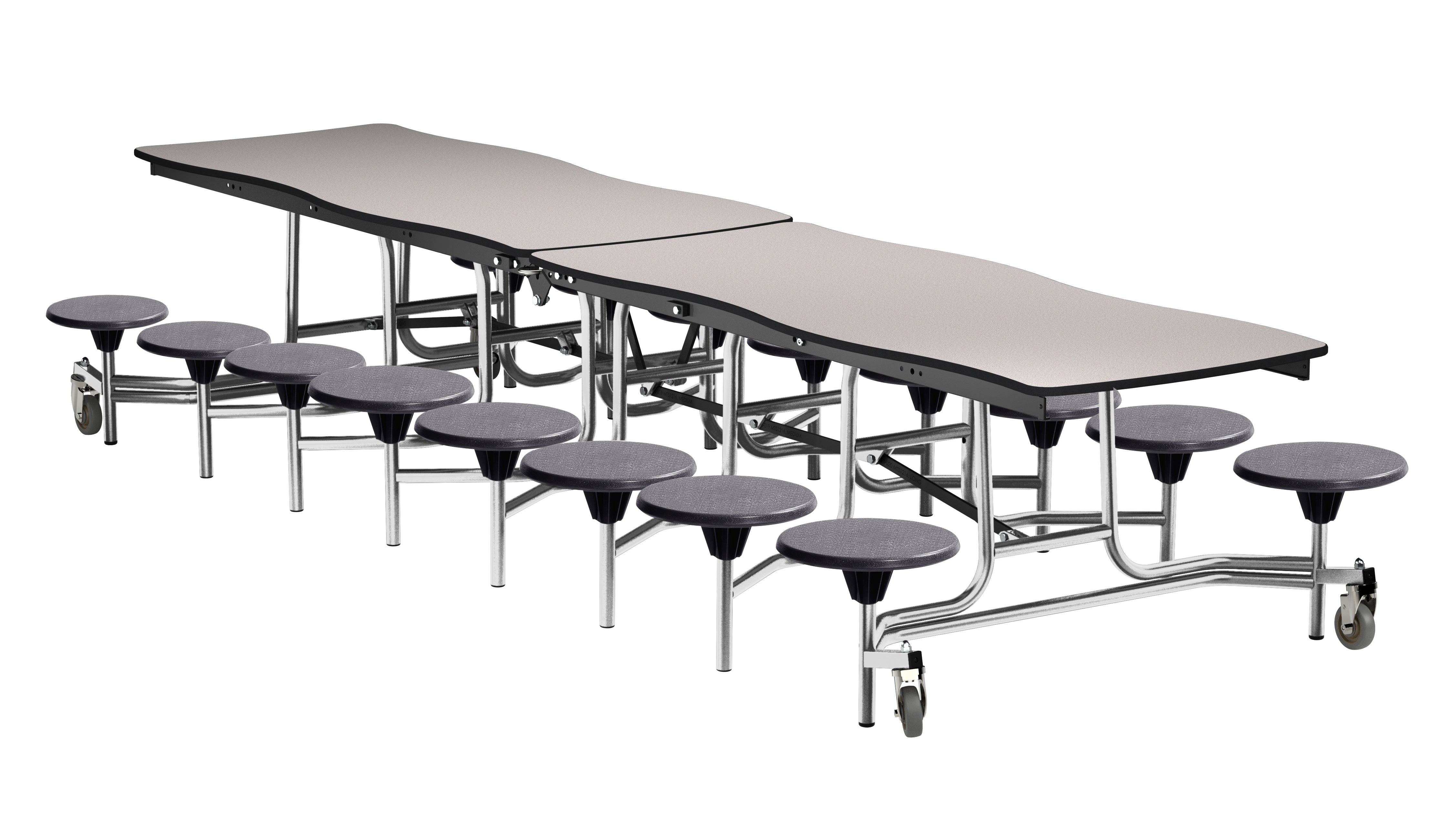 NPS® Mobile Cafeteria Table w/ 16 Stools, 12' Swerve, Particleboard Core, Edge Type: Edge Banding, Frame Type:  Chrome (Specify Laminate Tabletop/Seat Color and Height)