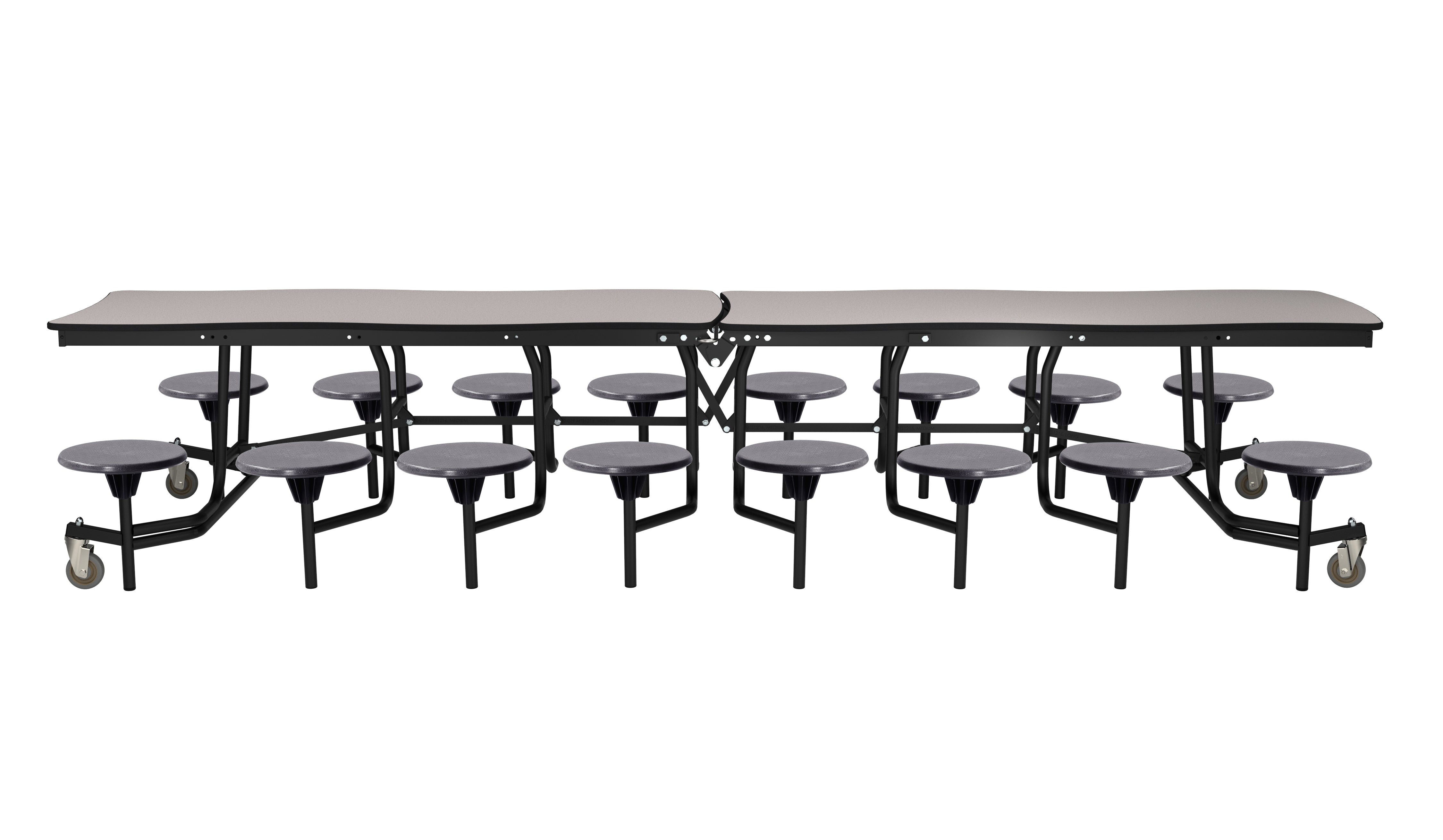 NPS® Mobile Cafeteria Table w/ 16 Stools, 12' Swerve, Particleboard Core, Edge Type: Vinyl T-Mold, Frame Type:  Textured Black (Specify Laminate Tabletop/Seat Color and Height)