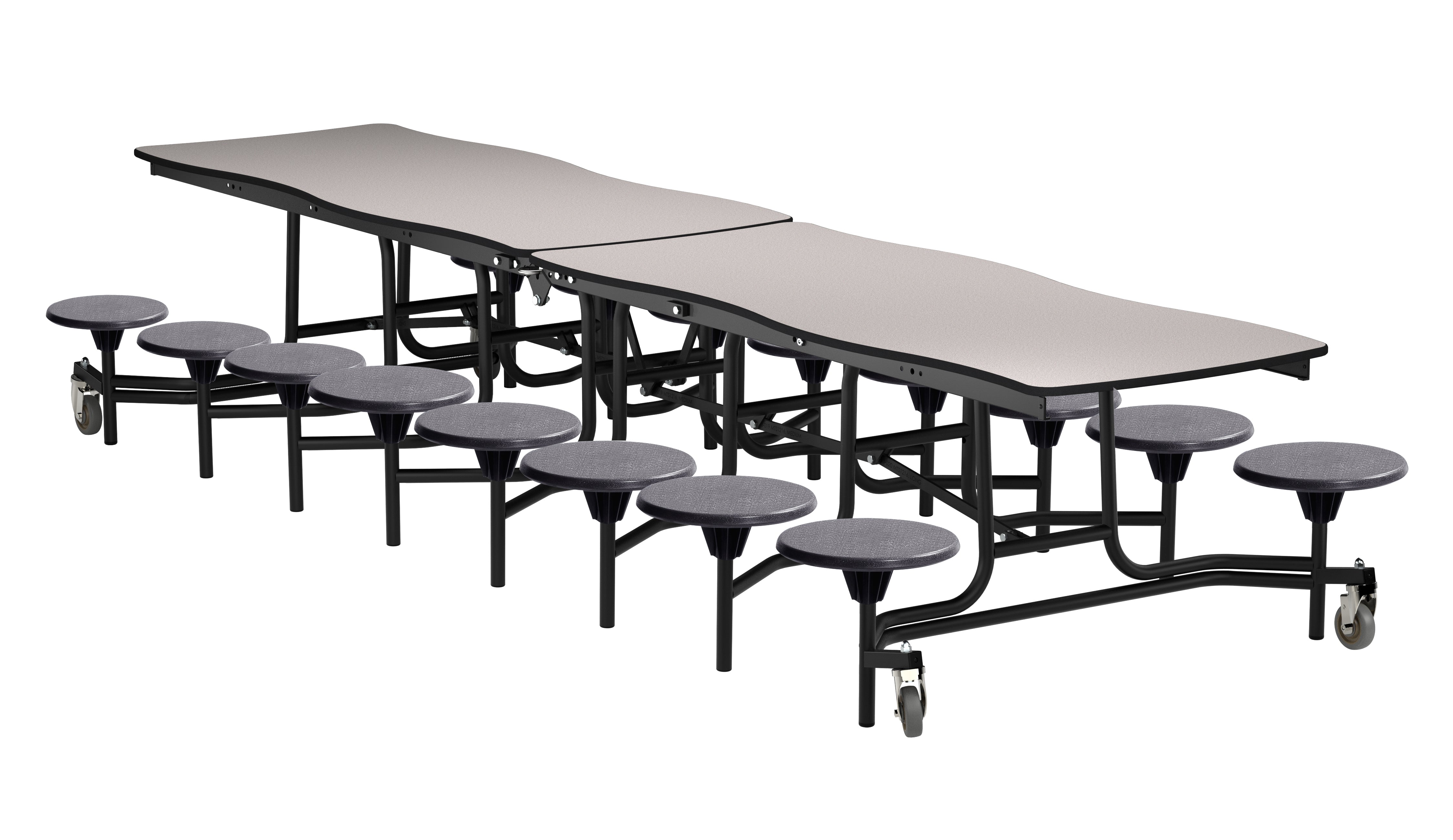 NPS® Mobile Cafeteria Table w/ 16 Stools, 12' Swerve, Plywood Core, Edge Type: Edge Banding, Frame Type:  Textured Black (Specify Laminate Tabletop/Seat Color and Height)