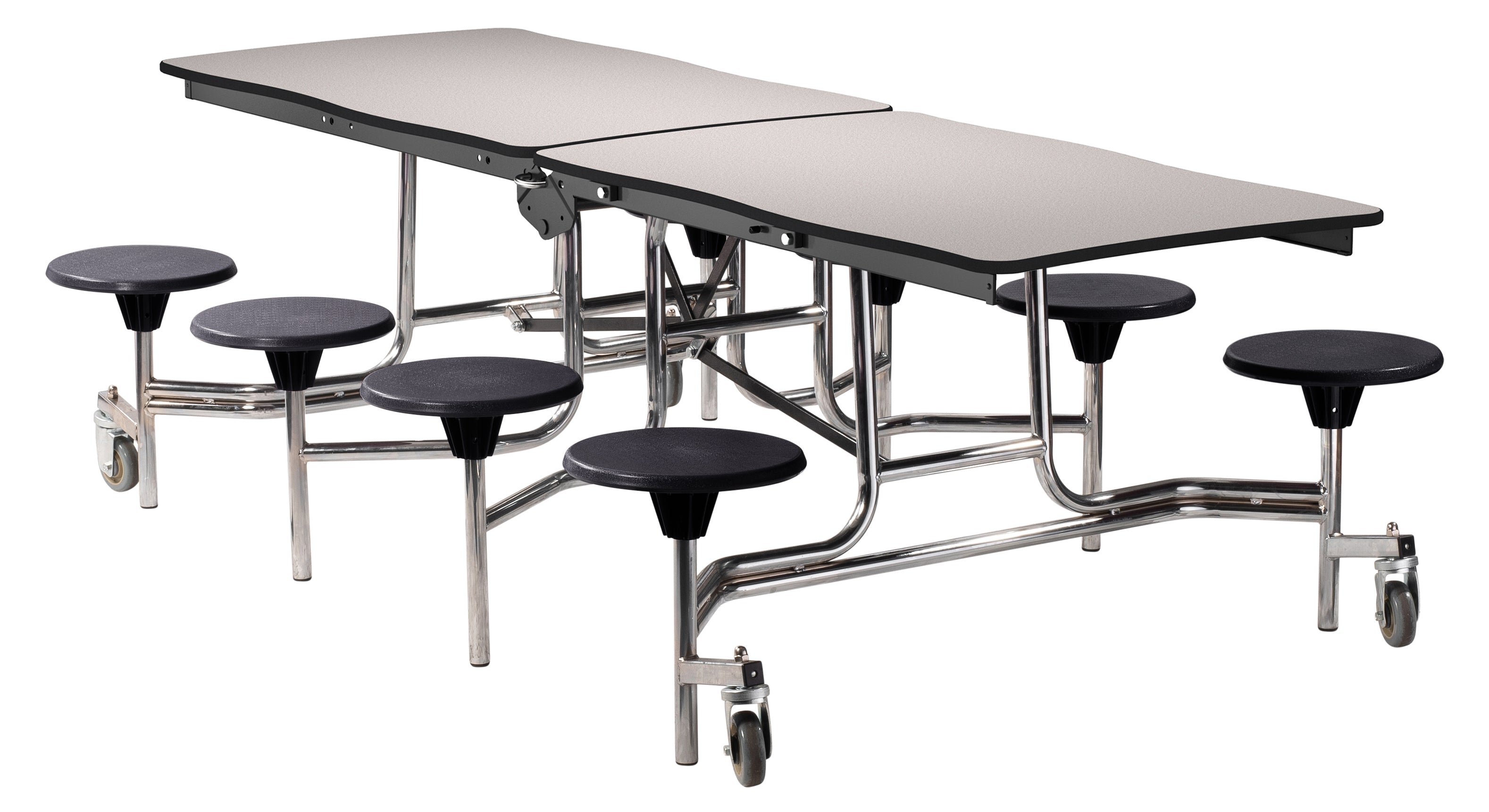 NPS® Mobile Cafeteria Table w/ Stools, 8' Swerve, Particleboard Core, Edge Type: Edge Banding, Frame Type:  Chrome (Specify Laminate Tabletop/Seat Color and Height)