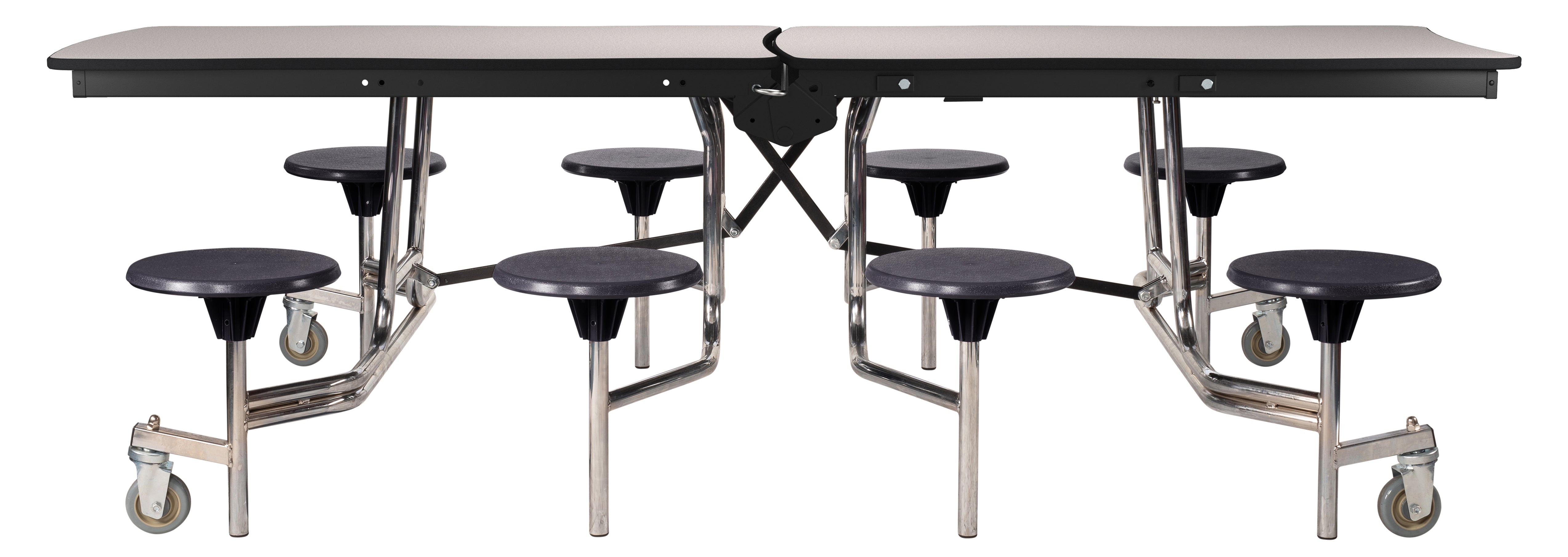 NPS® Mobile Cafeteria Table w/ Stools, 8' Swerve, Particleboard Core, Edge Type: Edge Banding, Frame Type:  Chrome (Specify Laminate Tabletop/Seat Color and Height)
