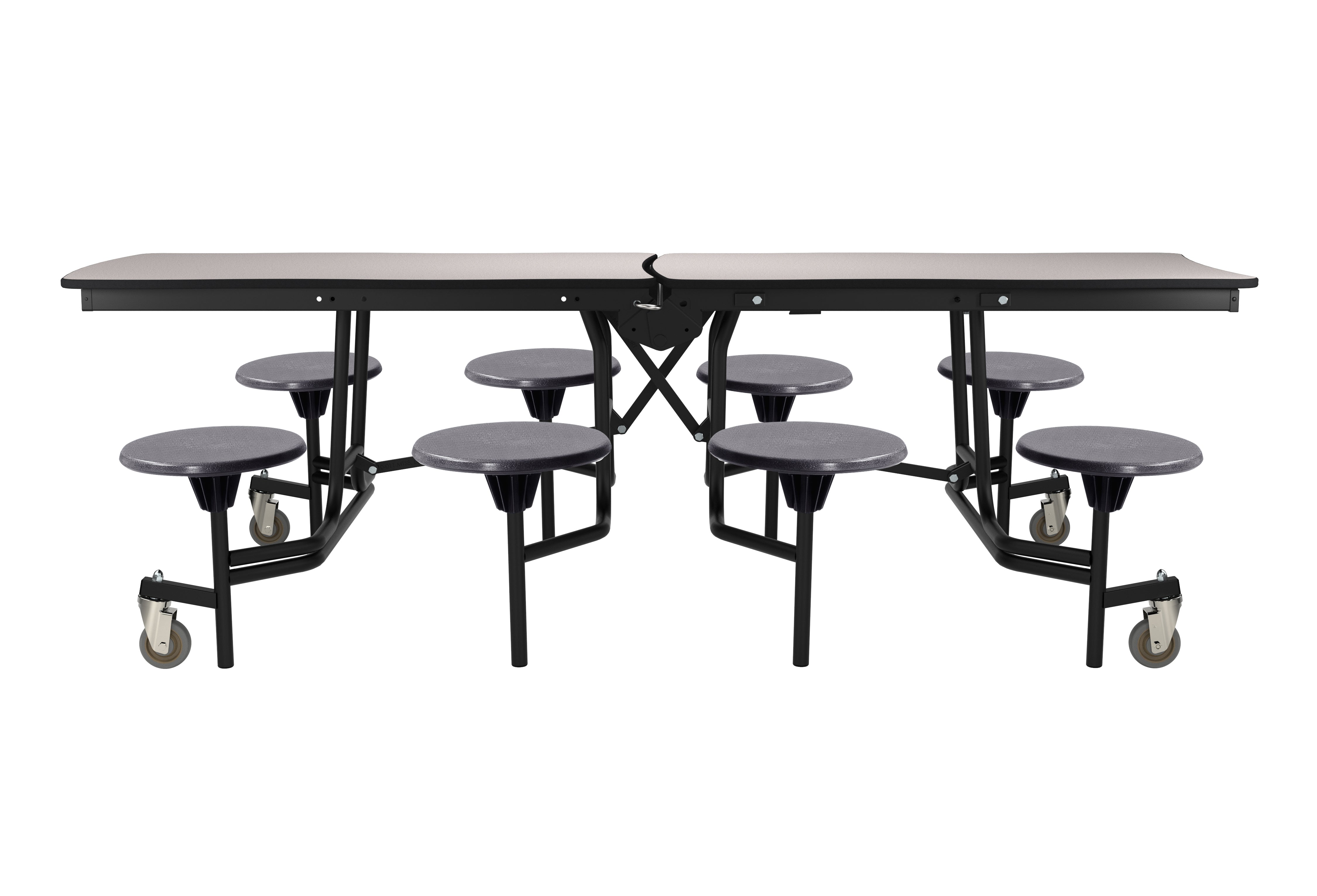 NPS® Mobile Cafeteria Table w/ Stools, 8' Swerve, MDF Core, Edge Type: ProtectEdge, Frame Type:  Textured Black (Specify Laminate Tabletop/Seat Color and Height)