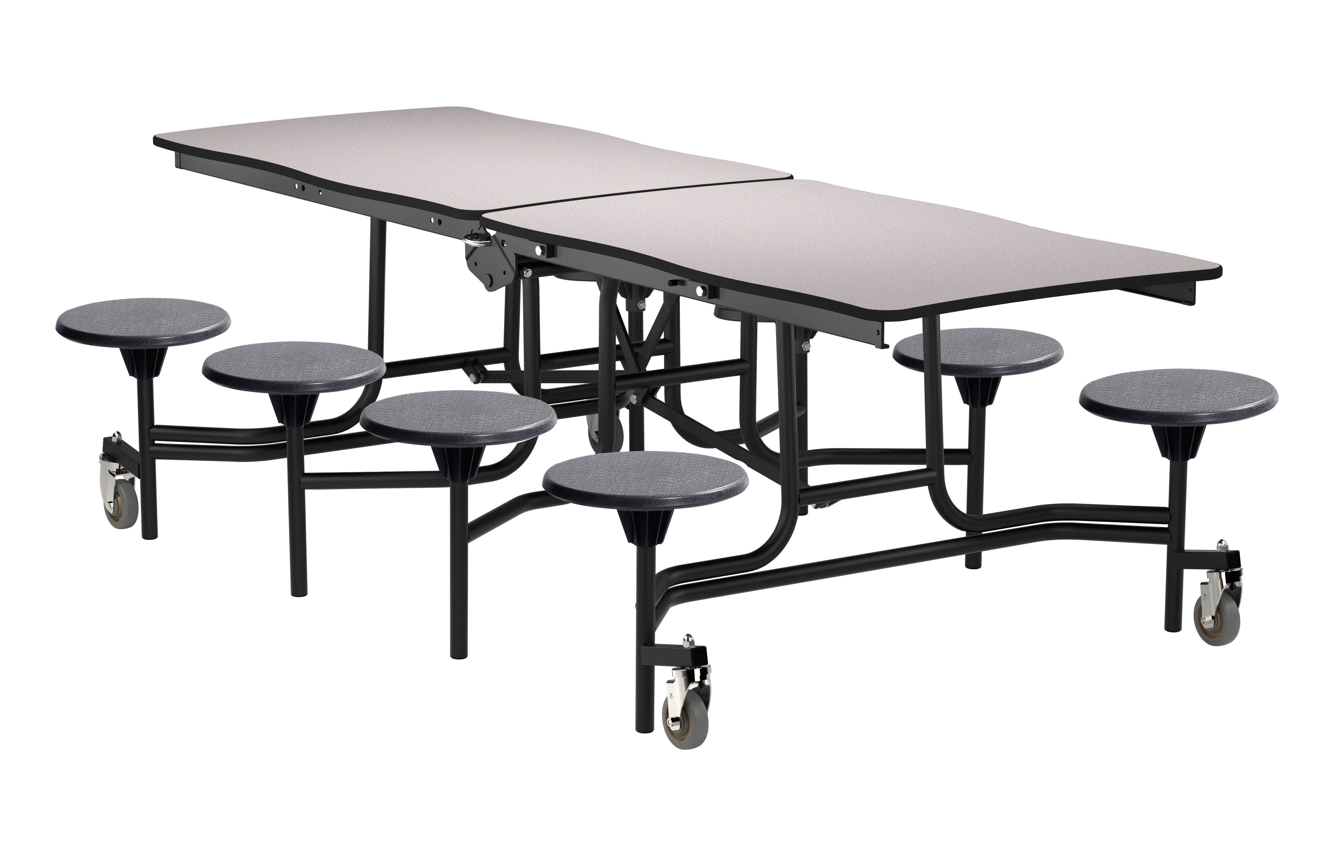 NPS® Mobile Cafeteria Table w/ Stools, 8' Swerve, MDF Core, Edge Type: ProtectEdge, Frame Type:  Textured Black (Specify Laminate Tabletop/Seat Color and Height)