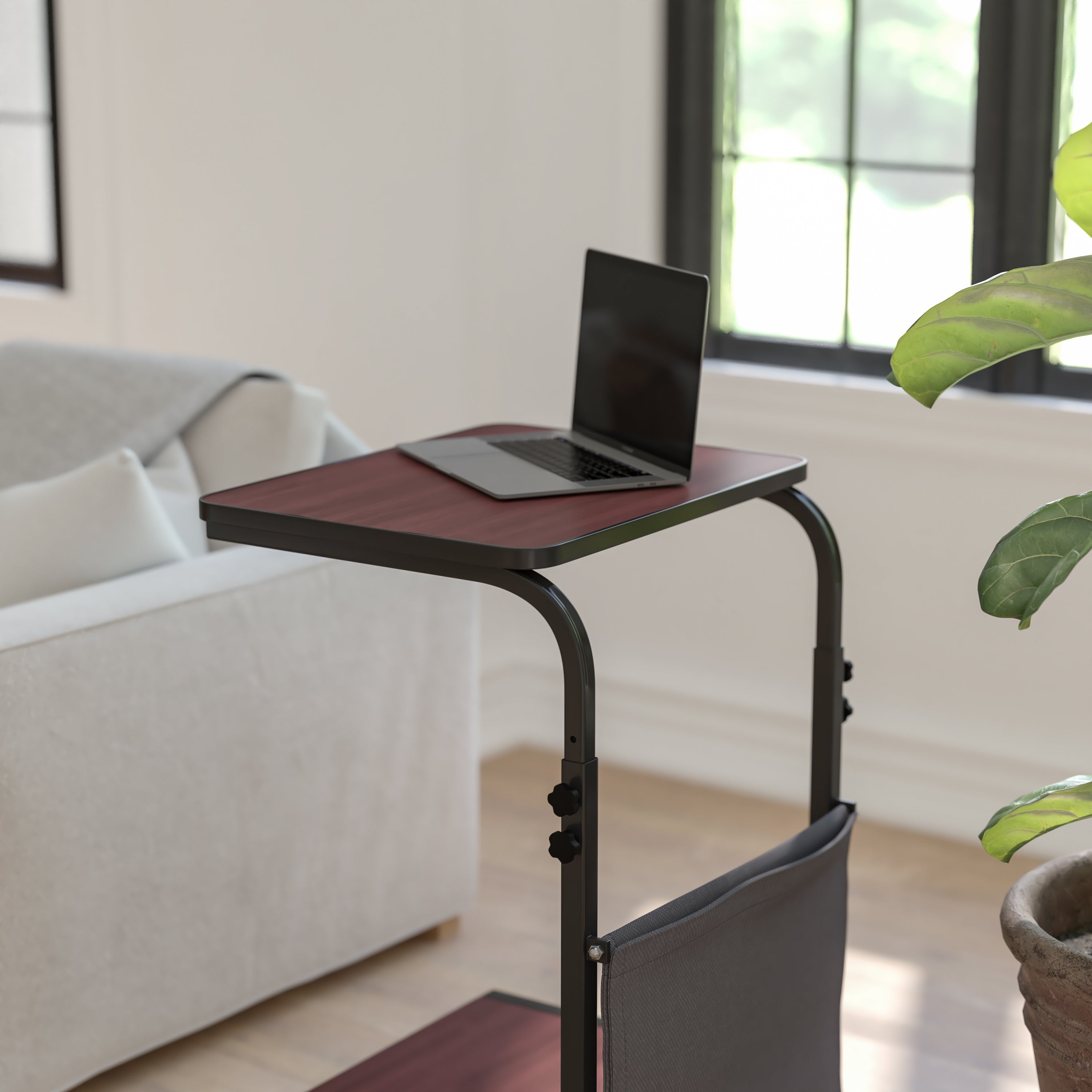 Charger Mobile Sit-Down, Stand-Up Mahogany Computer Ergonomic Desk with Removable Pouch (Adjustable Range 27'' - 46.5'')