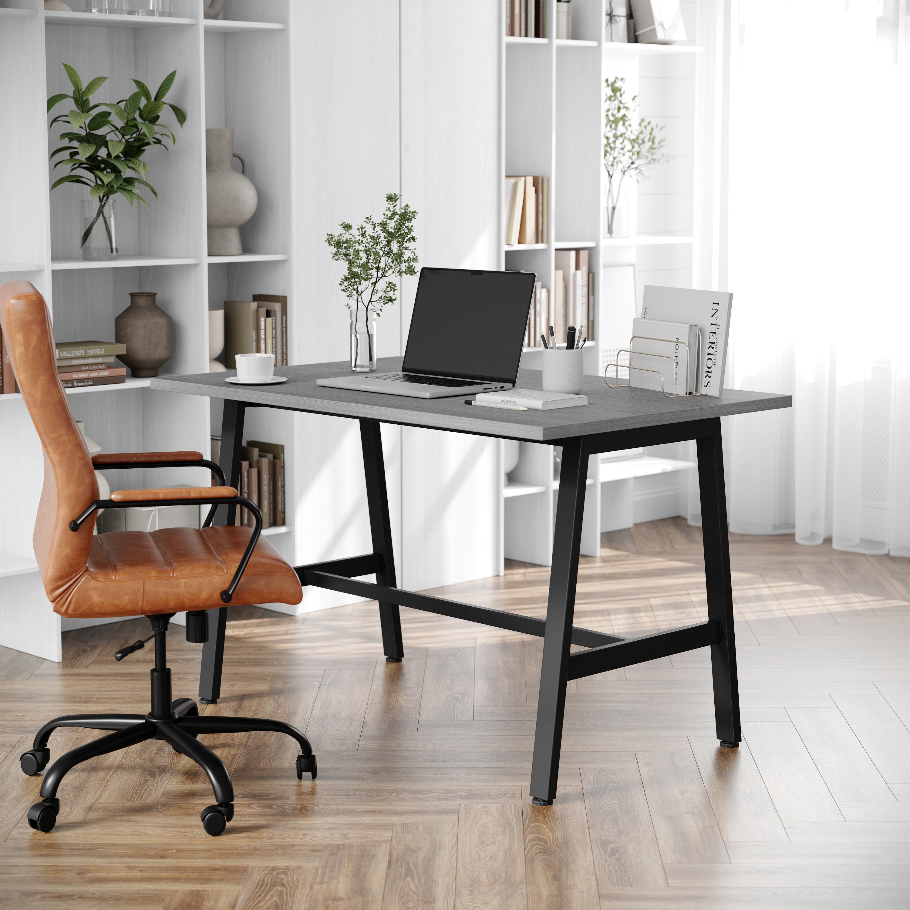 Redmond Commercial 48x30 Conference Table with 1" Thick Double Sided Laminate Table Top with PVC Edging and Heavy Duty A-Frame Steel Base, Gray Oak