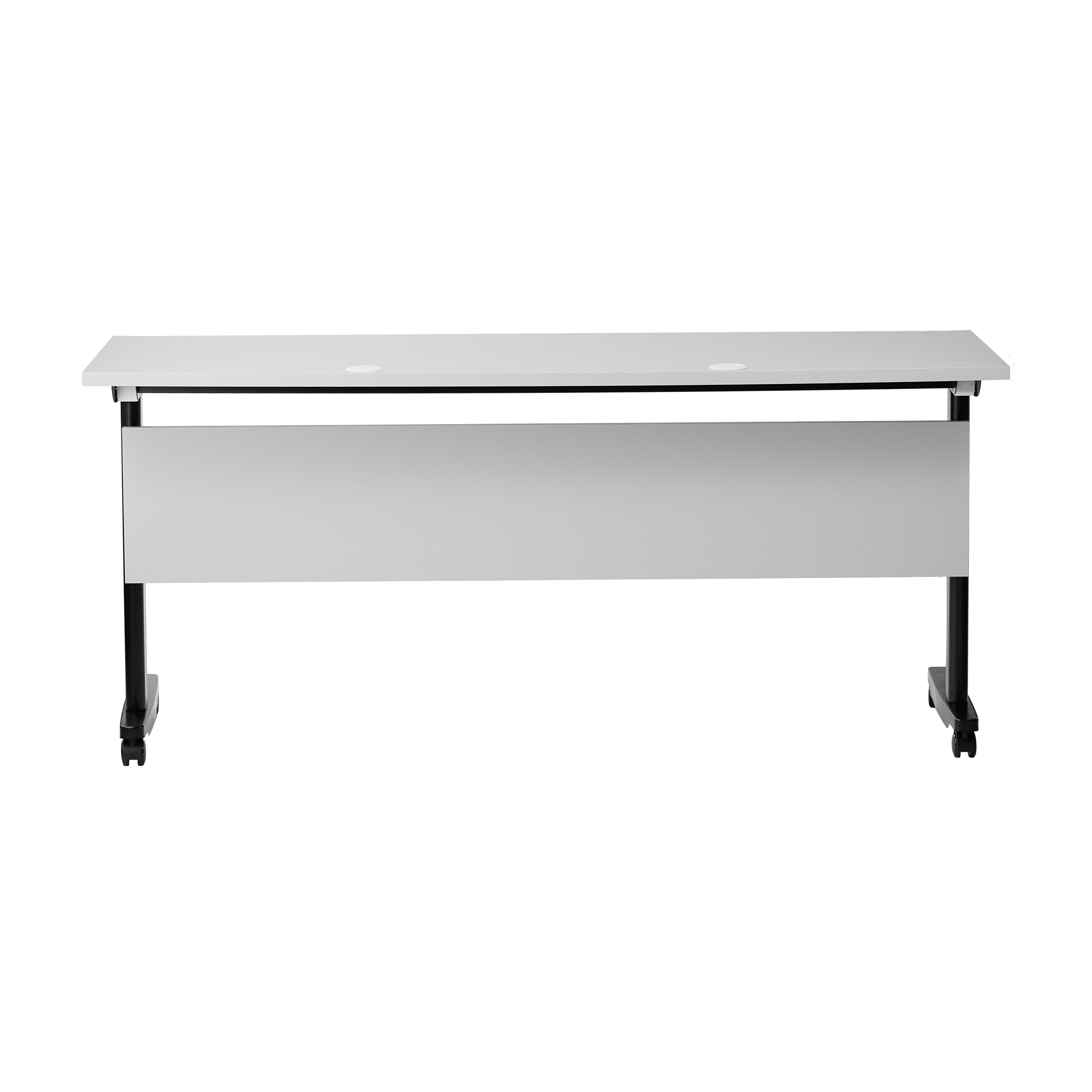 Palmer Commercial Grade 60" x 24" Heavy-Duty Nesting Flip Training Table with T-Legs, Modesty Panel, 1" Thick Gray Tabletop, and Black Steel Frame