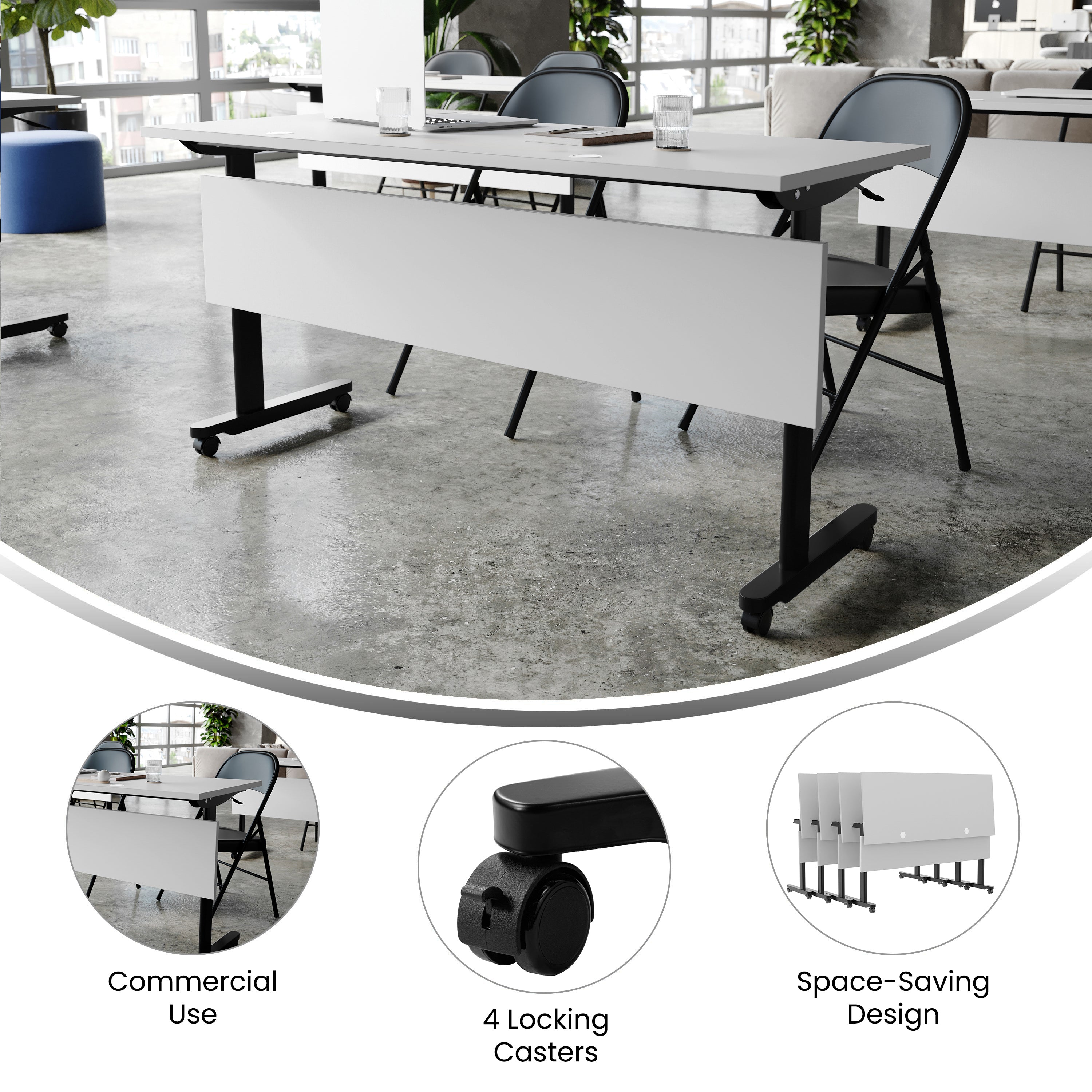 Palmer Commercial Grade 60" x 24" Heavy-Duty Nesting Flip Training Table with T-Legs, Modesty Panel, 1" Thick Gray Tabletop, and Black Steel Frame