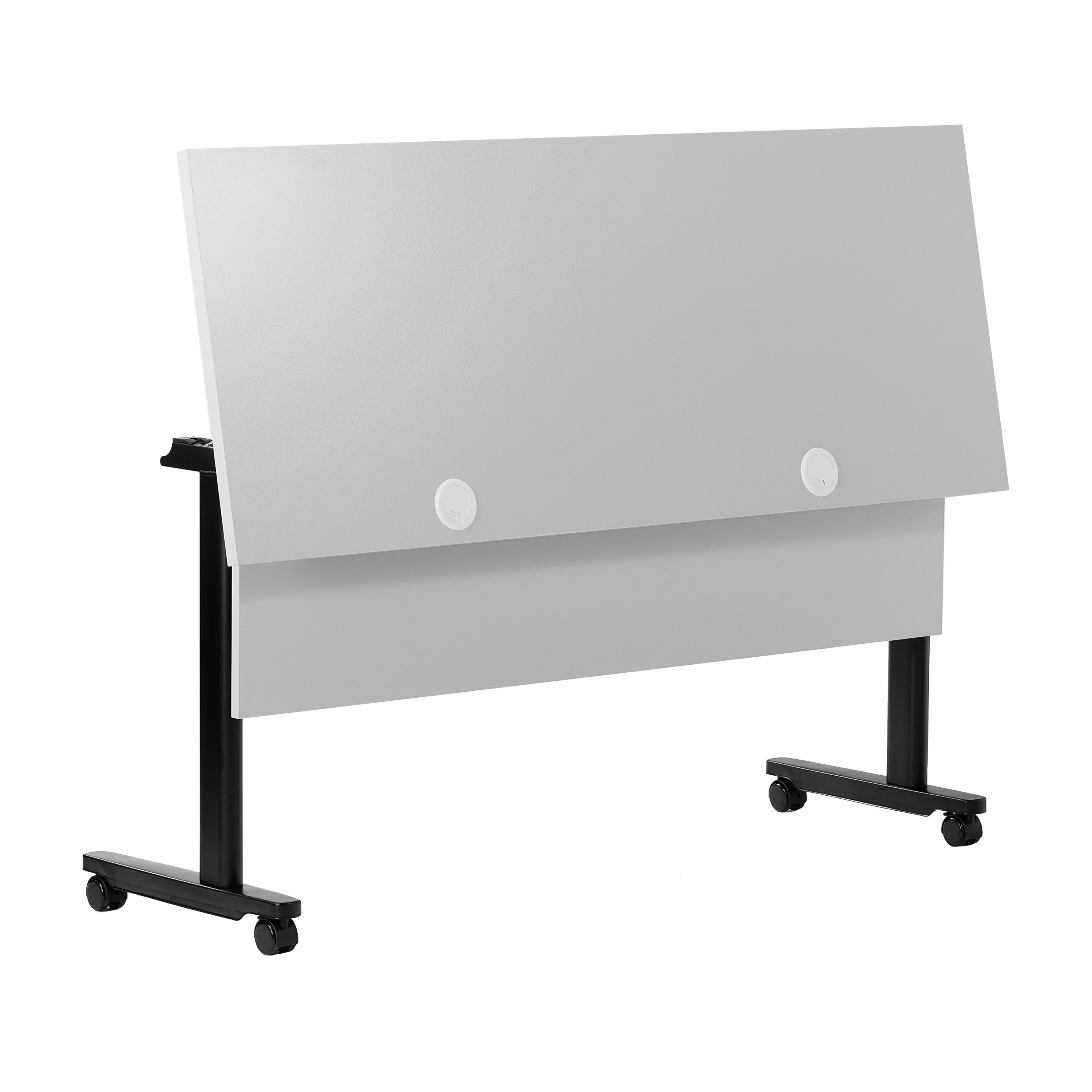 Palmer Commercial Grade 60" x 24" Heavy-Duty Nesting Flip Training Table with T-Legs, Modesty Panel, 1" Thick Gray Tabletop, and Black Steel Frame