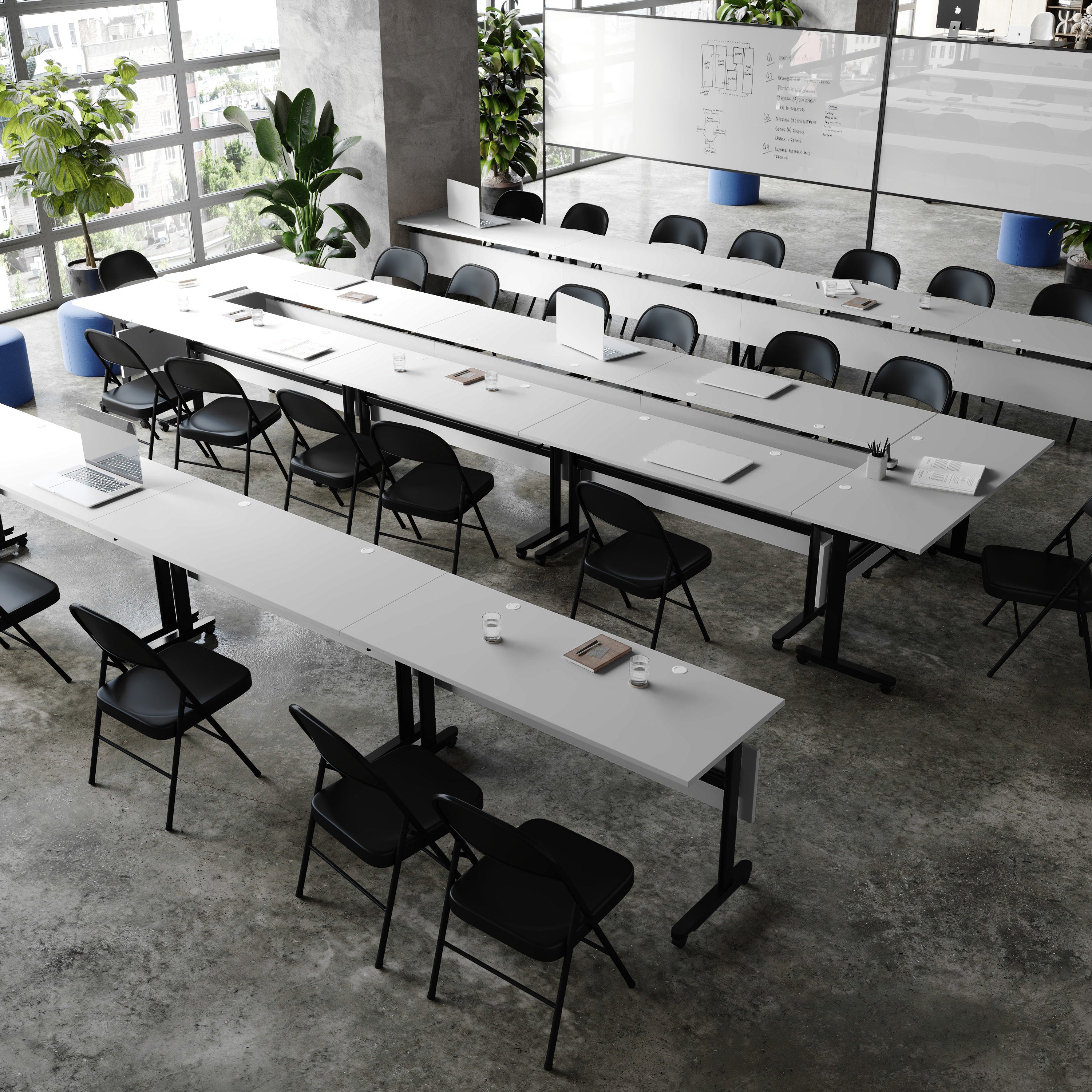 Palmer Commercial Grade 60" x 24" Heavy-Duty Nesting Flip Training Table with T-Legs, Modesty Panel, 1" Thick Gray Tabletop, and Black Steel Frame