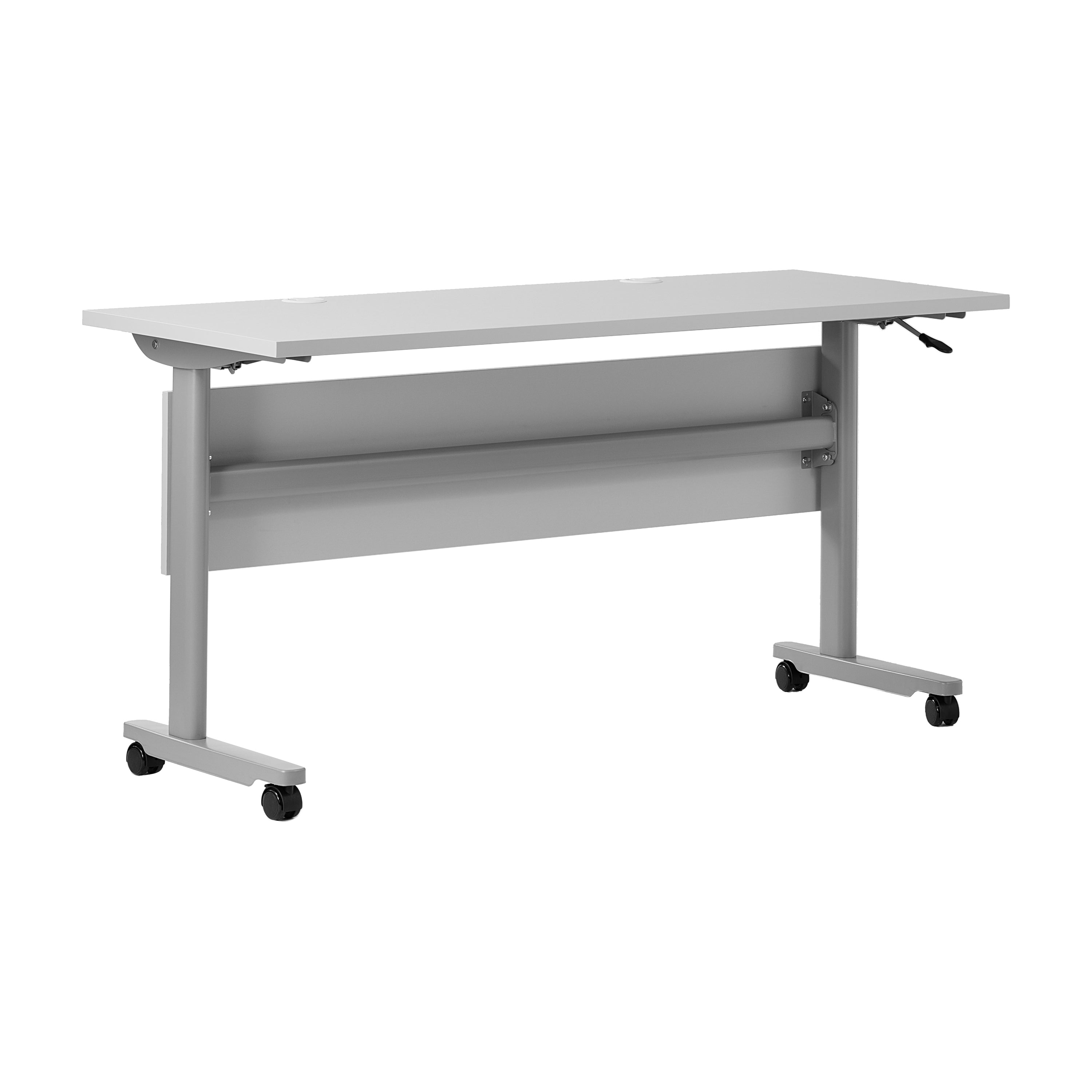 Palmer Commercial Grade 60" x 24" Heavy-Duty Nesting Flip Training Table with T-Legs, Modesty Panel, 1" Thick Gray Tabletop, and Gray Steel Frame